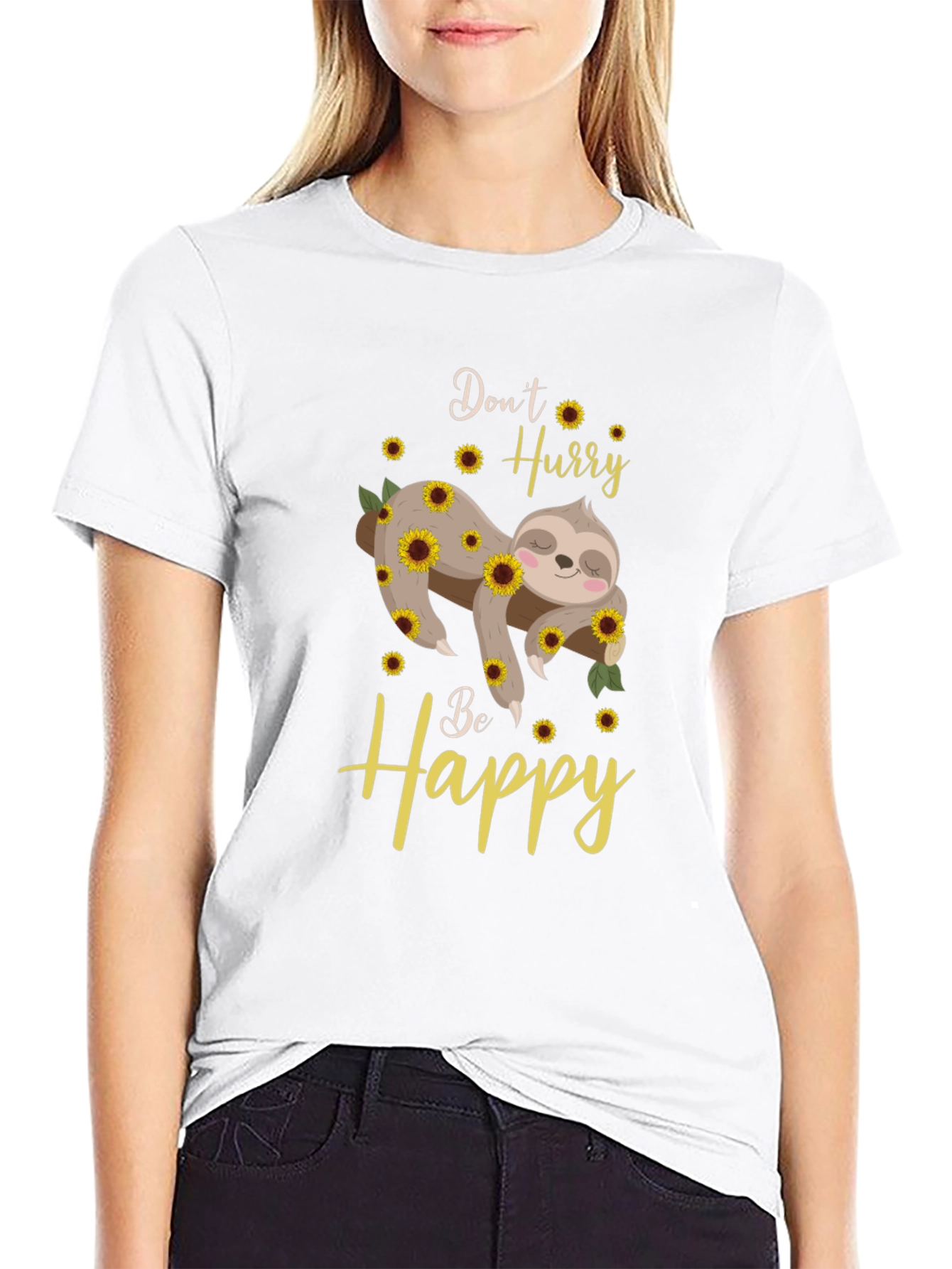 Black Don't Hurry Be Happy Sloth Sunflower Graphic T-Shirt view 9