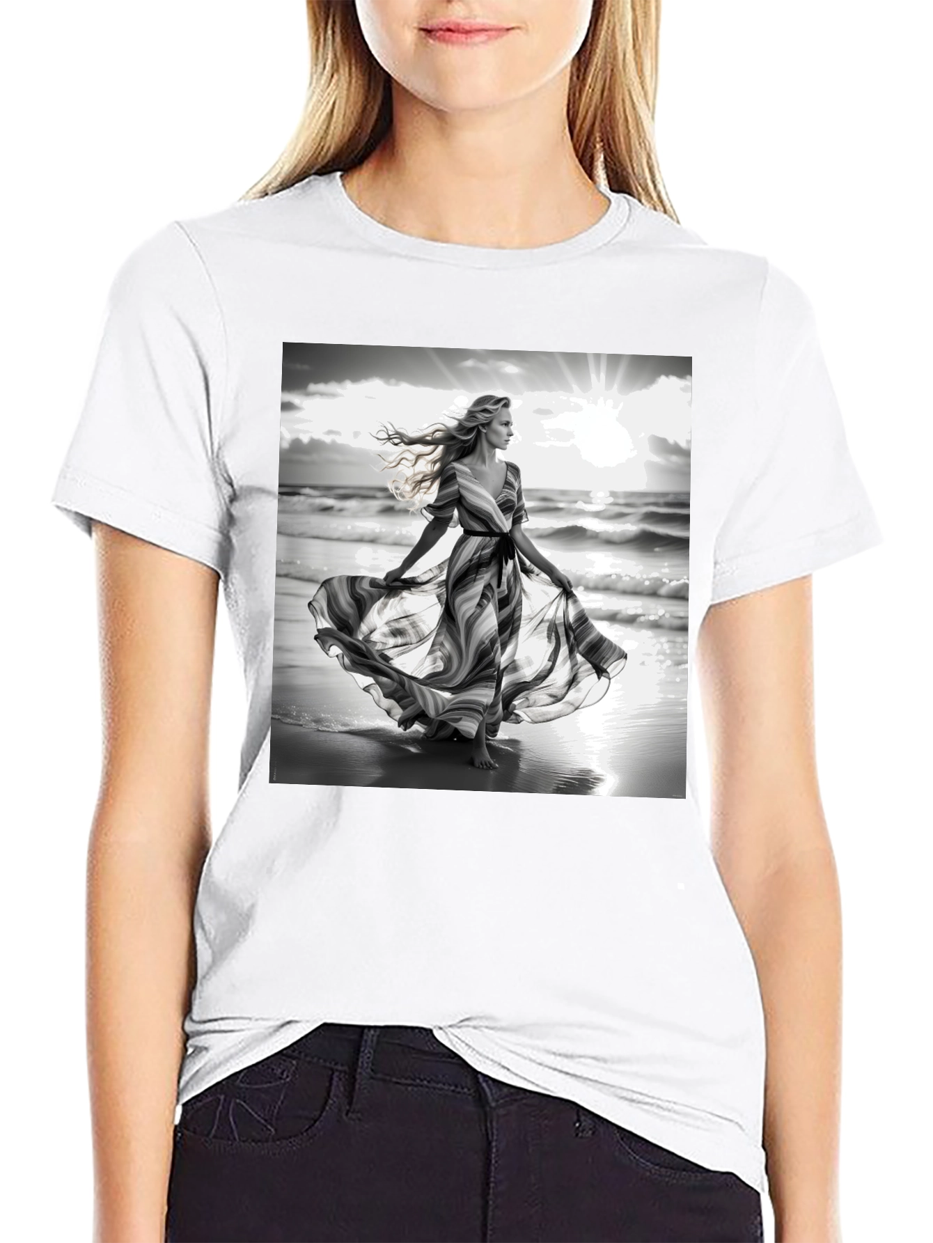 Black Elegant Woman on Beach T-Shirt view 9