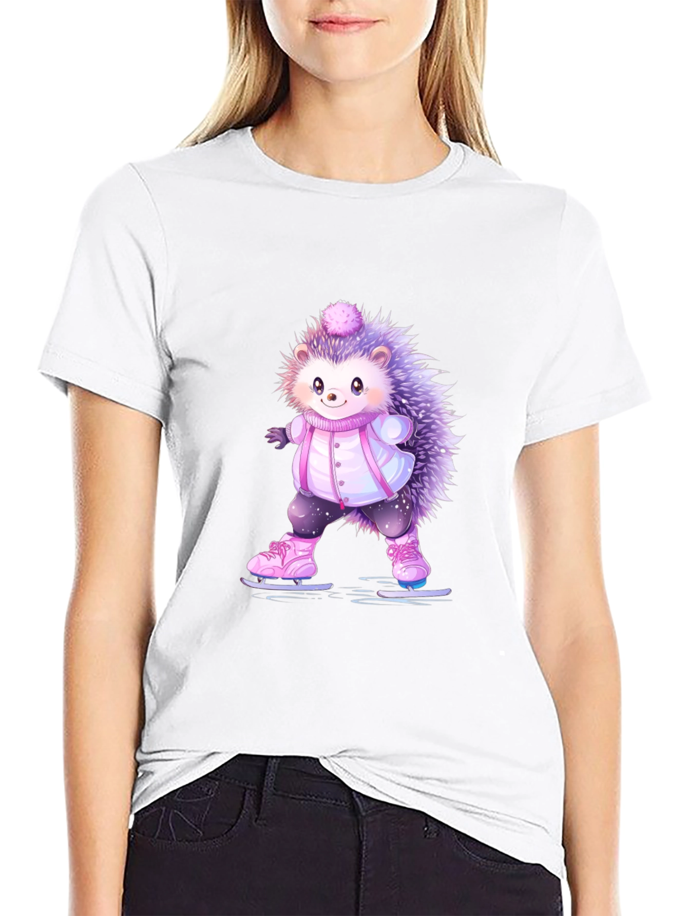 Black Cute Hedgehog Ice Skating T-Shirt view 9