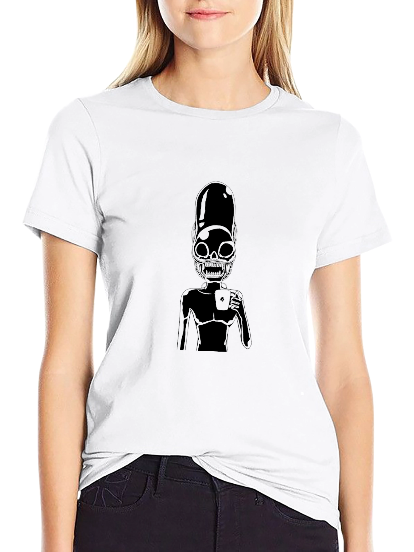 Black Alien Skeleton Coffee Graphic Black T-Shirt view 9