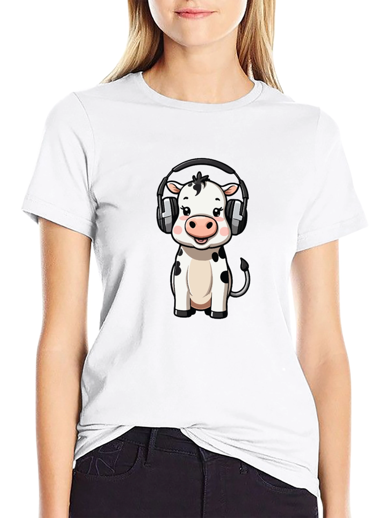 Black Cute Cow with Headphones Graphic Tee - Black Cotton view 9