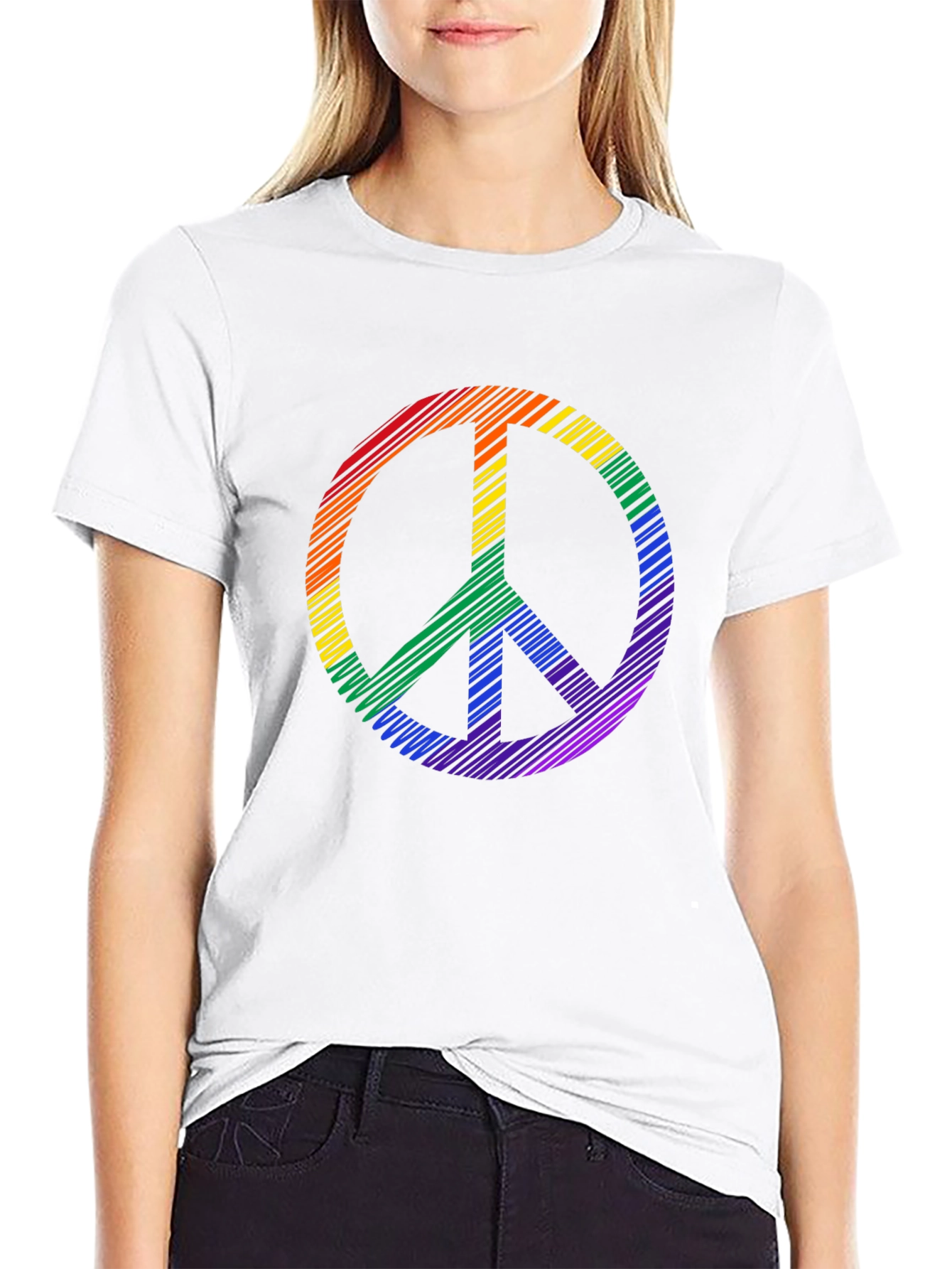Black Rainbow Peace Sign Graphic Tee - Black Cotton Casual Shirt view 9