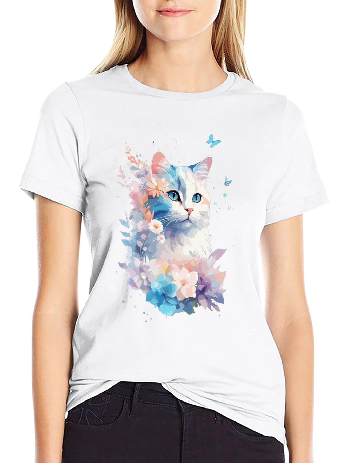 Black Floral Cat Graphic Black T-Shirt view 9