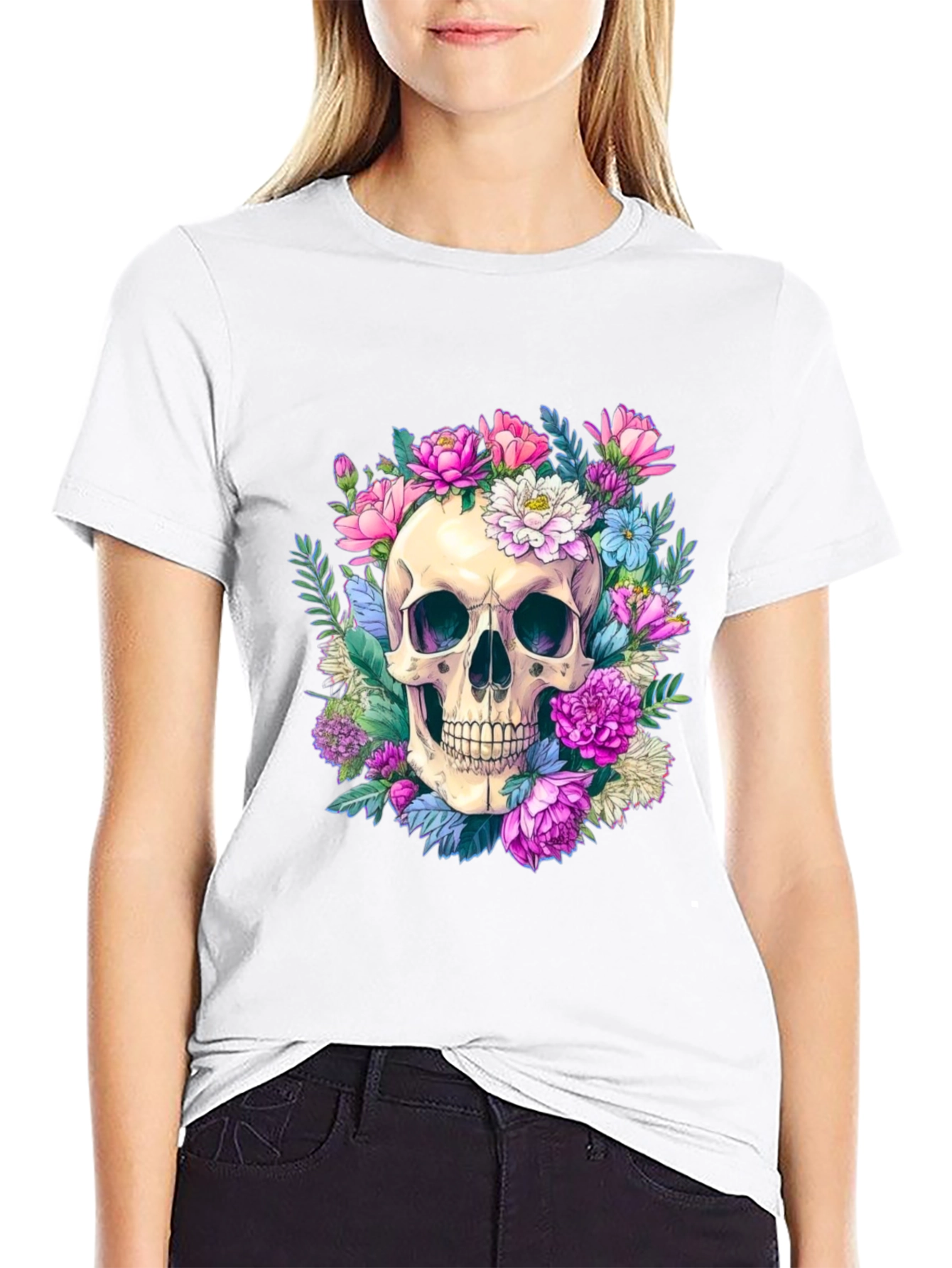 Black Floral Skull Graphic Tee - Men's Black T-Shirt view 9