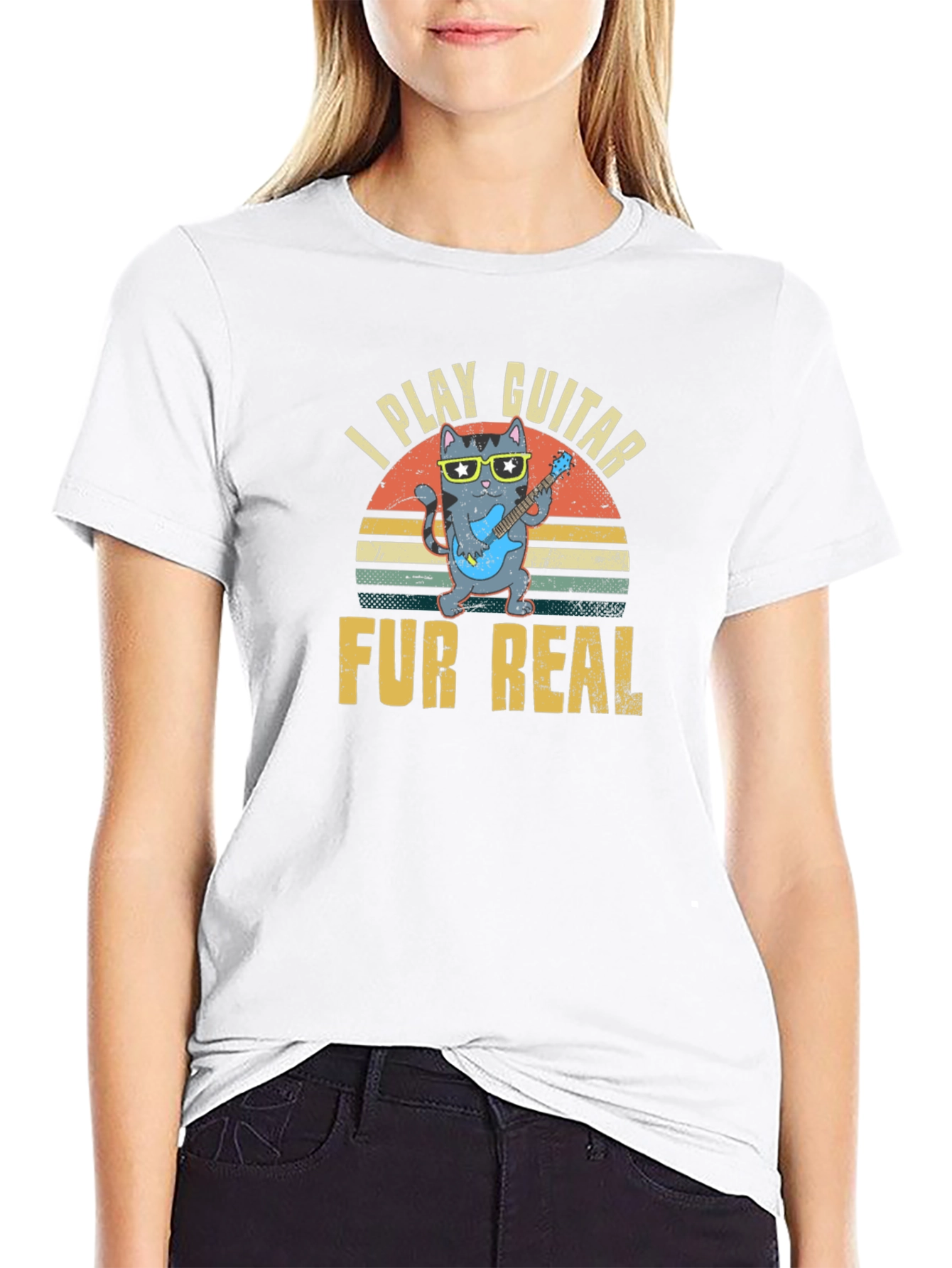 Black I Play Guitar Fur Real T-Shirt - Cool Cat Design view 9