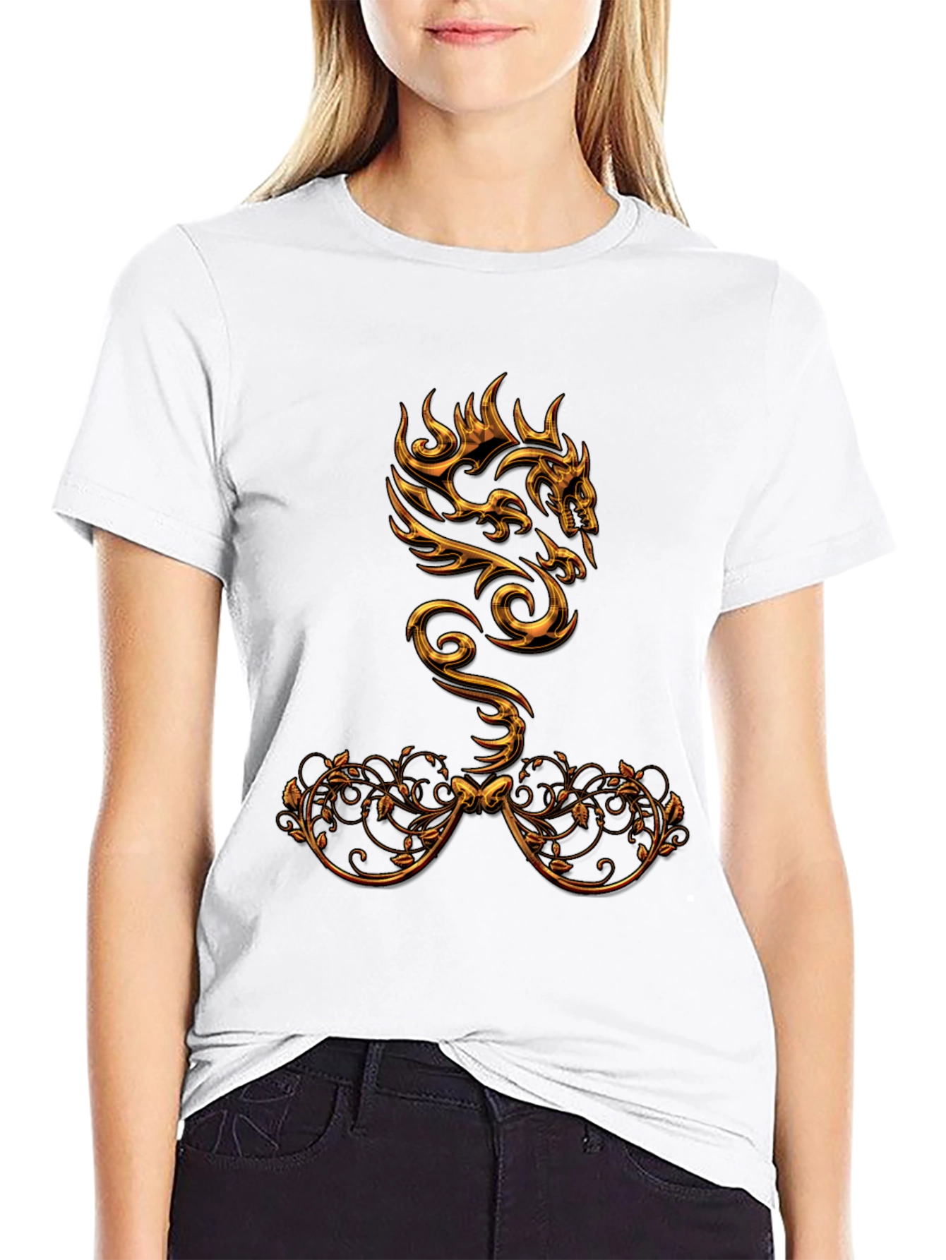 Black Golden Dragon Graphic Print Black T-Shirt view 9