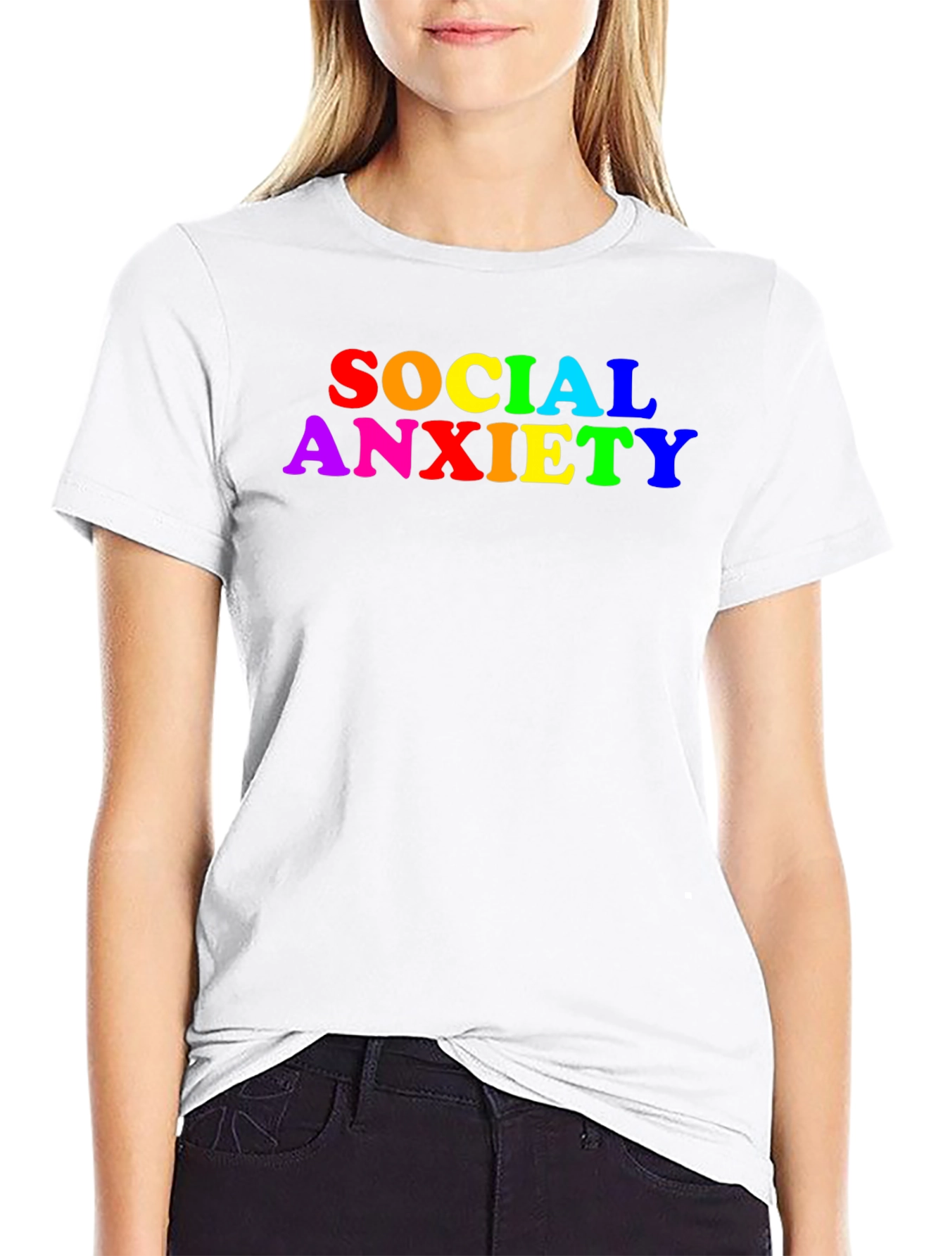 Black Social Anxiety Rainbow Text Black T-Shirt view 9