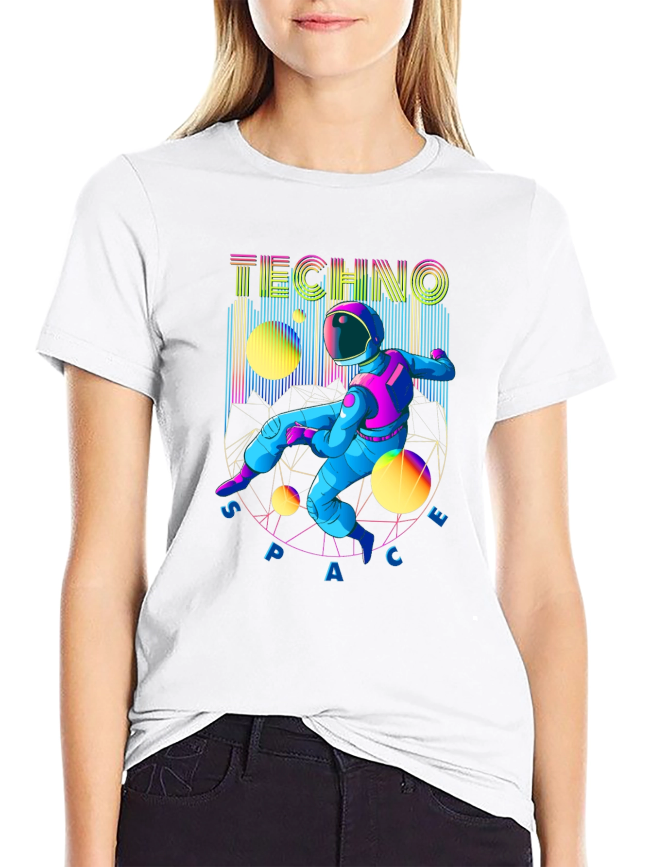Black Techno Space T-Shirt - Retro Astronaut Design view 9