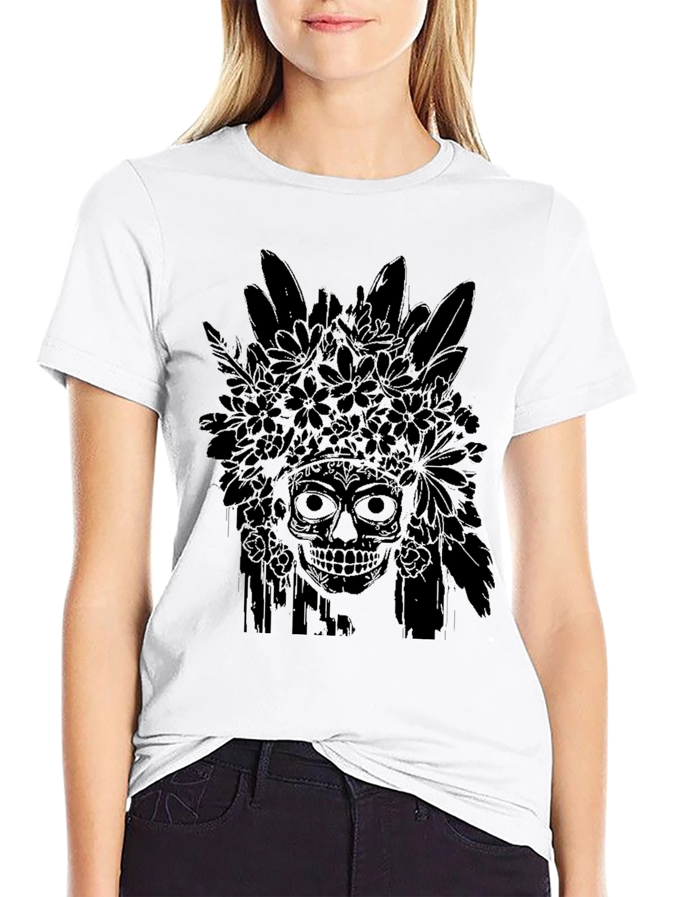 Black Floral Skull Graphic Tee - Men's Black T-Shirt view 9