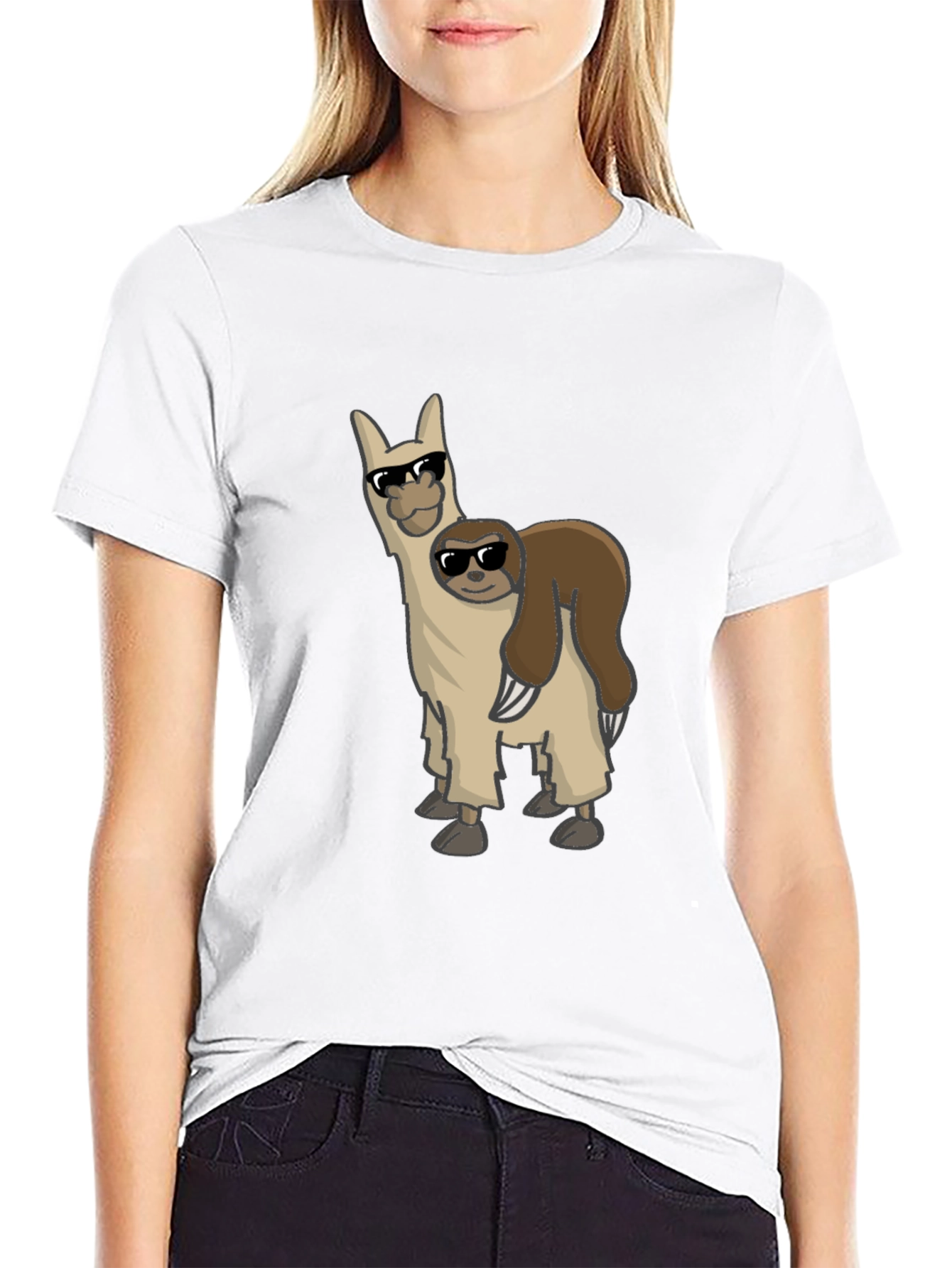 Black Cool Llama & Sloth Graphic Tee - Black Cotton Shirt view 9