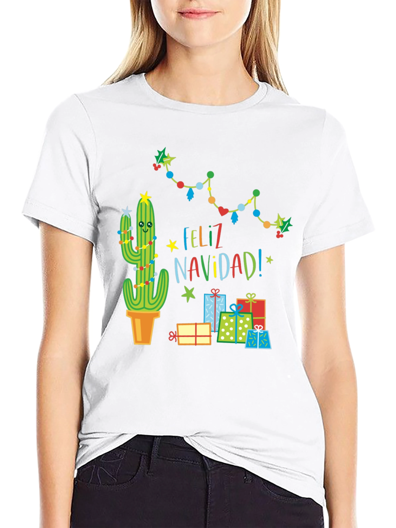 Black Feliz Navidad Cactus T-Shirt - Holiday Gift view 9