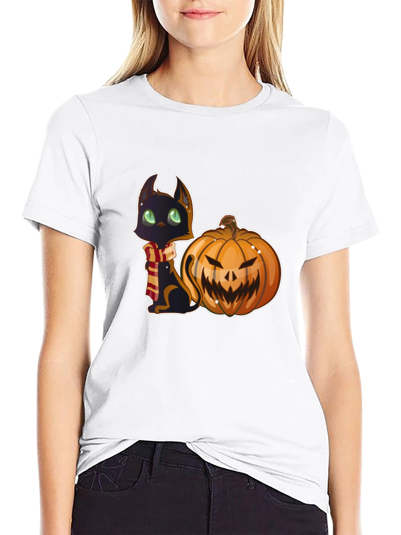 Black Halloween Cat & Pumpkin Black T-Shirt view 9