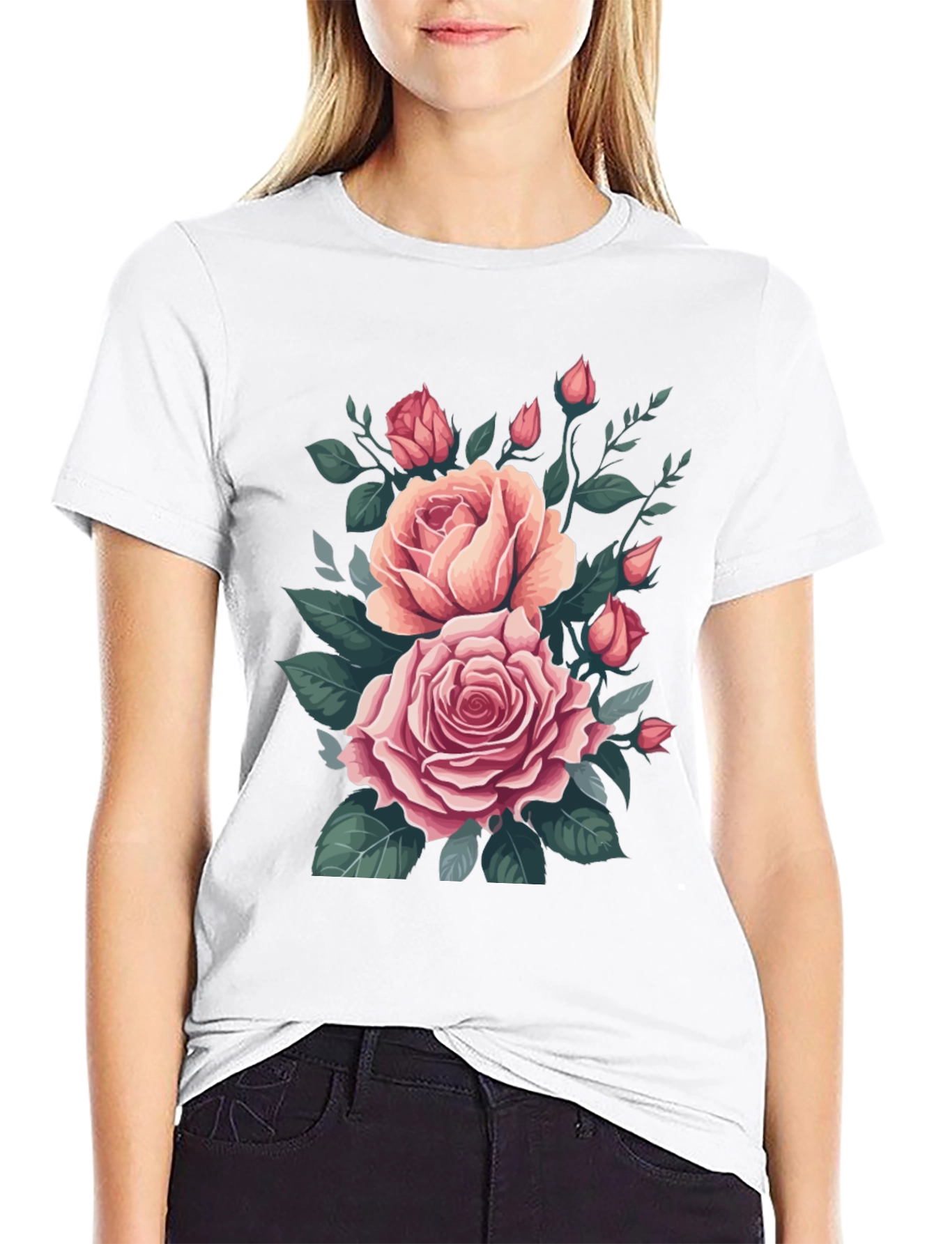Black Elegant Rose Bouquet Graphic Tee - Soft Cotton Comfort view 9