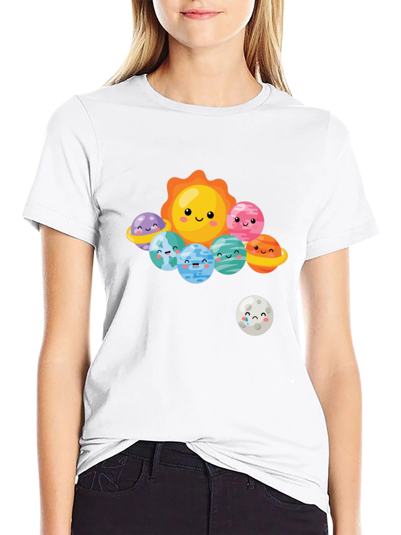 Black Kawaii Solar System Graphic T-Shirt view 9