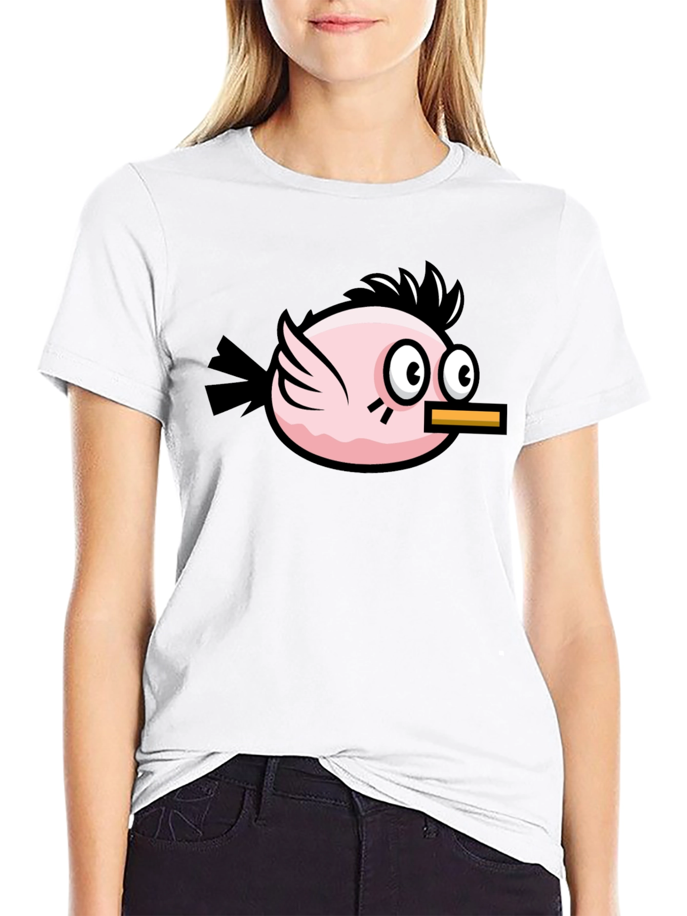 Black Funny Pink Bird Graphic Tee - Black Cotton T-Shirt view 9