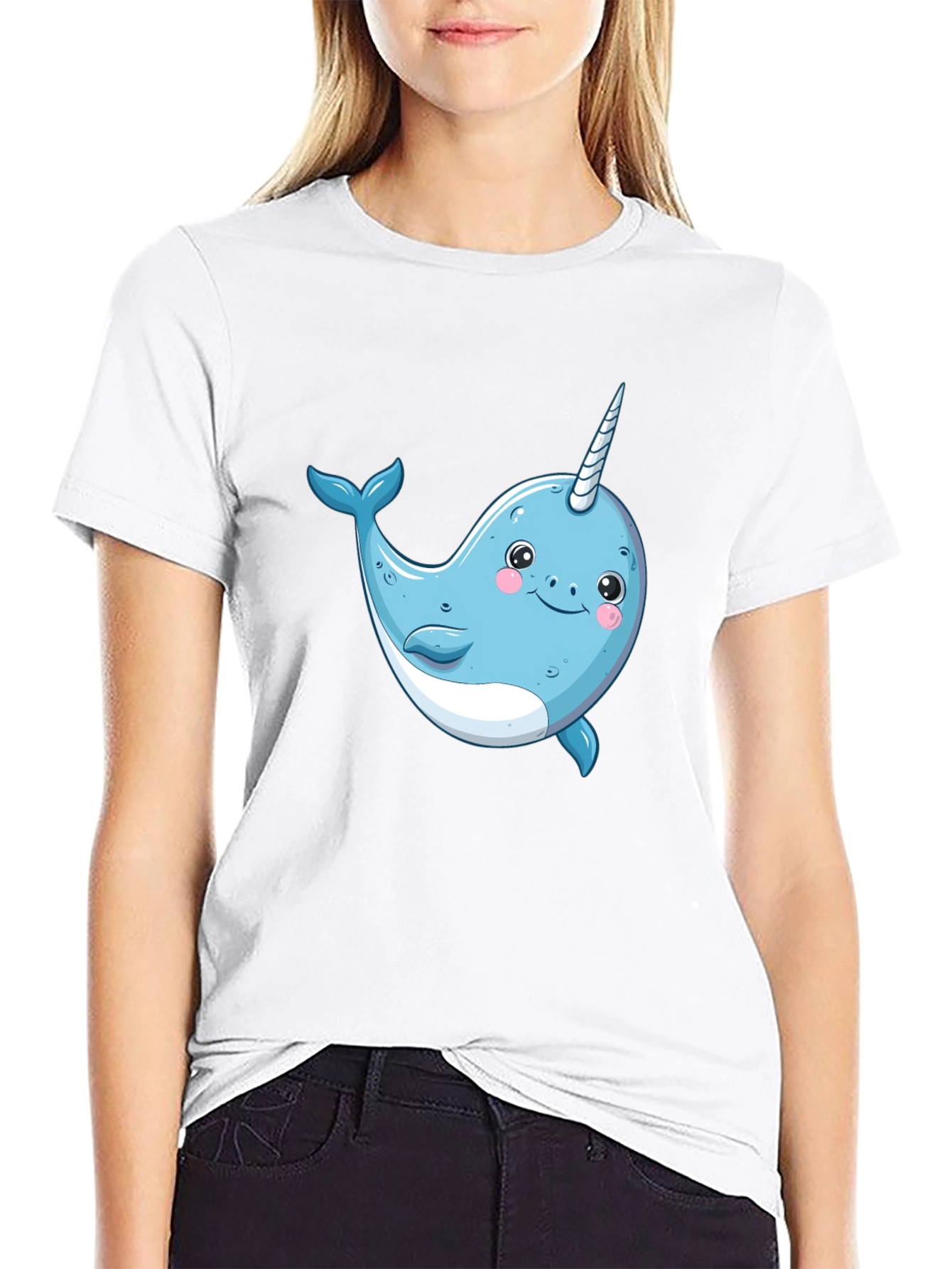 Black Cute Narwhal Graphic Tee - Black Cotton T-Shirt view 9