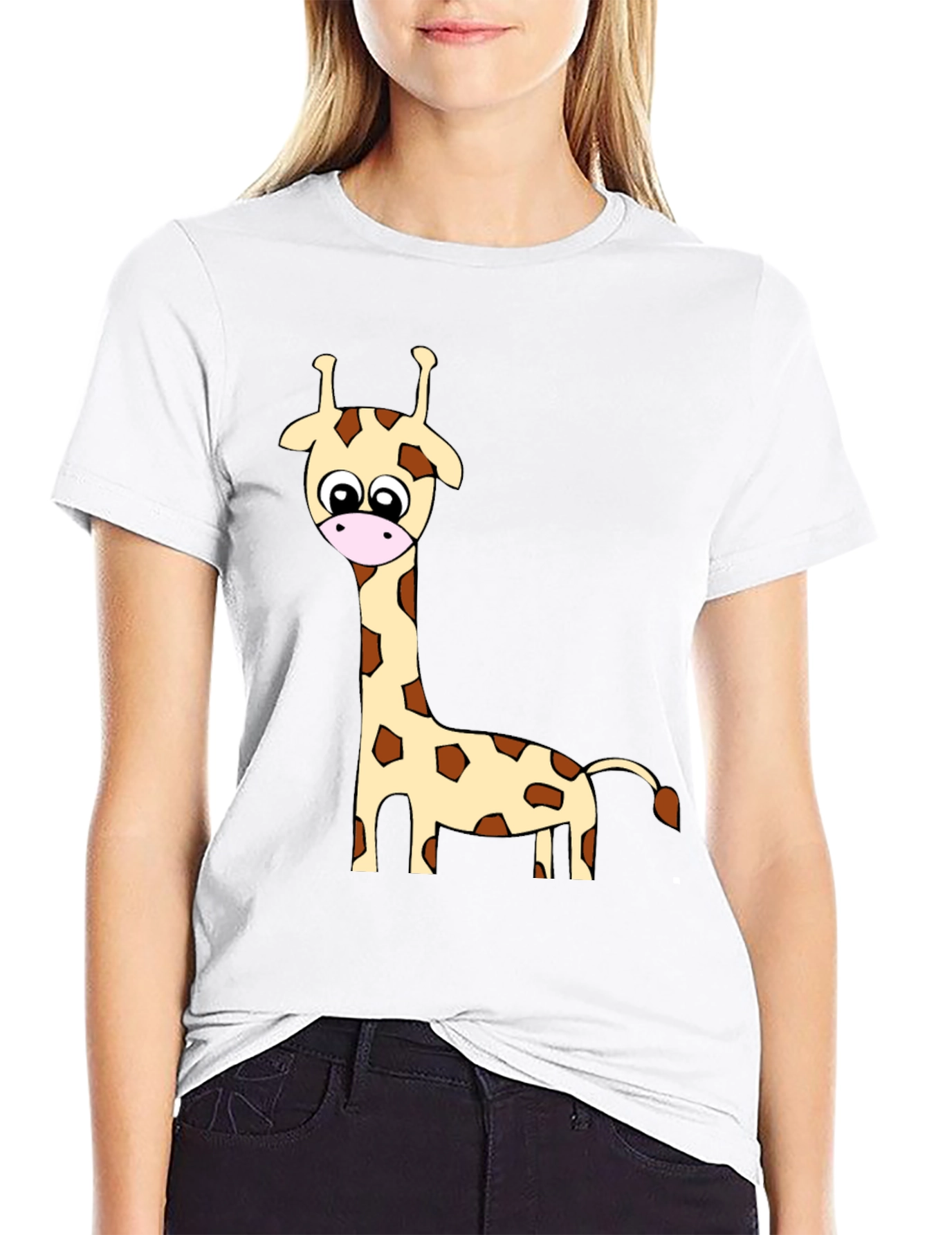 Black Cartoon Giraffe Print Crew Neck T-Shirt view 9
