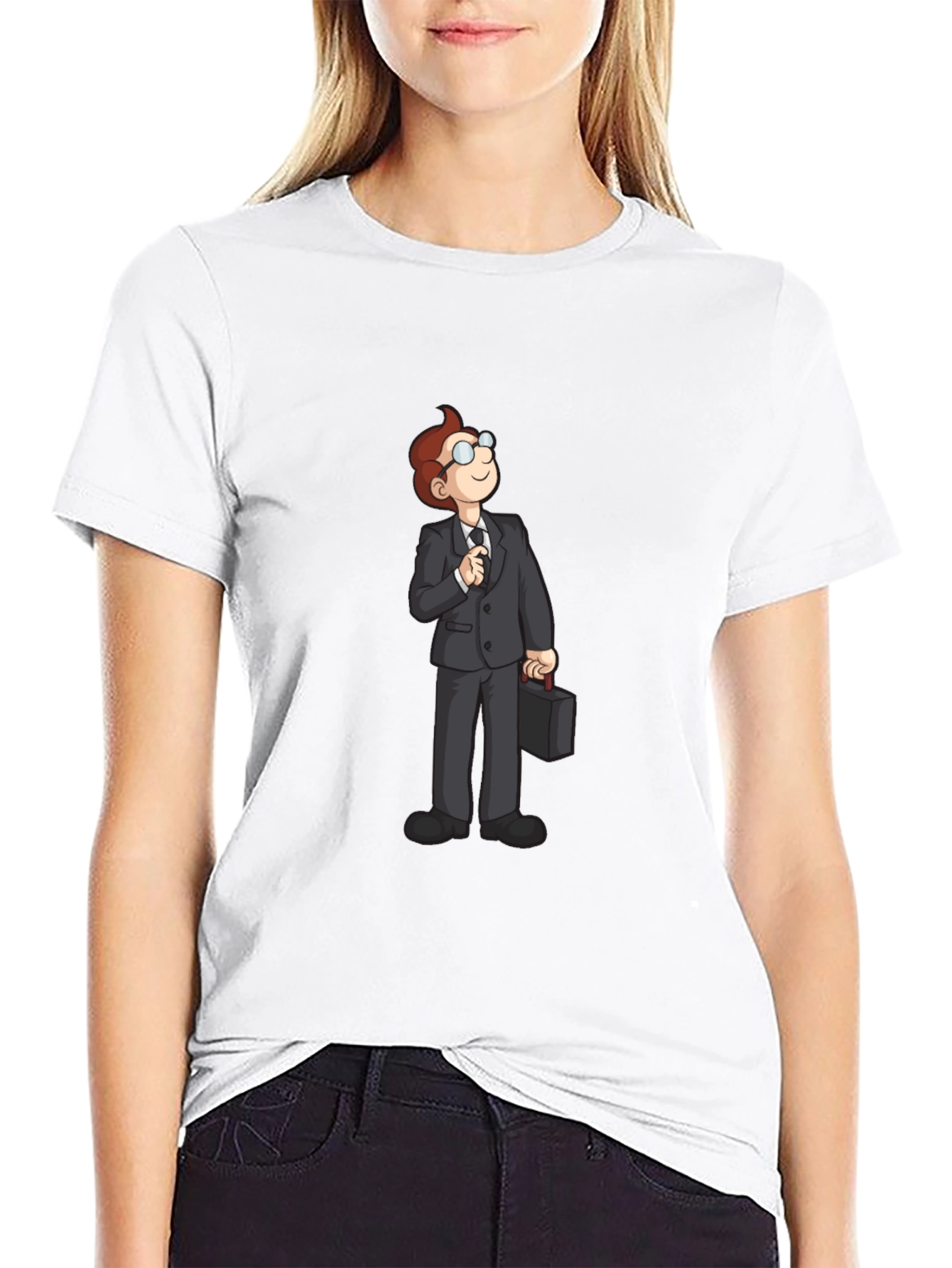Black Cartoon Businessman Graphic Tee - Black Casual T-Shirt view 9