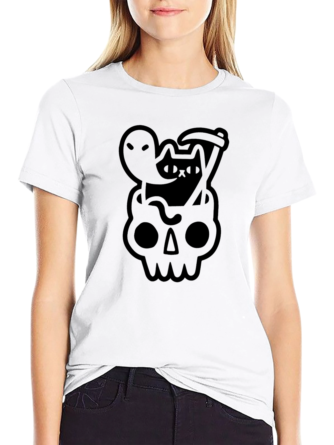 Black Skull Cat Grim Reaper Ghost Graphic Tee - Black view 9