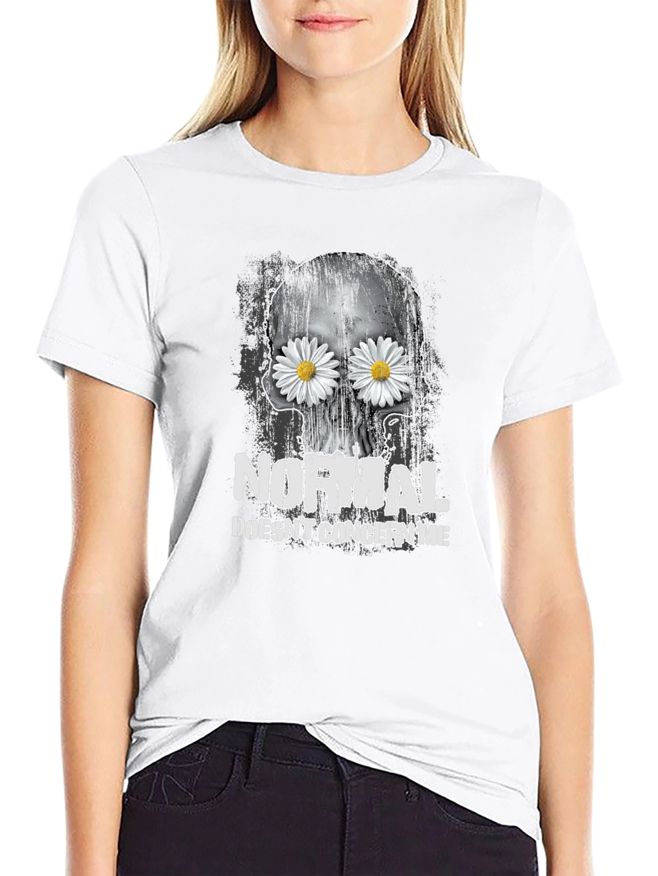 Black Skull & Daisies T-Shirt - Normal Doesn't Concern Me Graphic Tee view 9