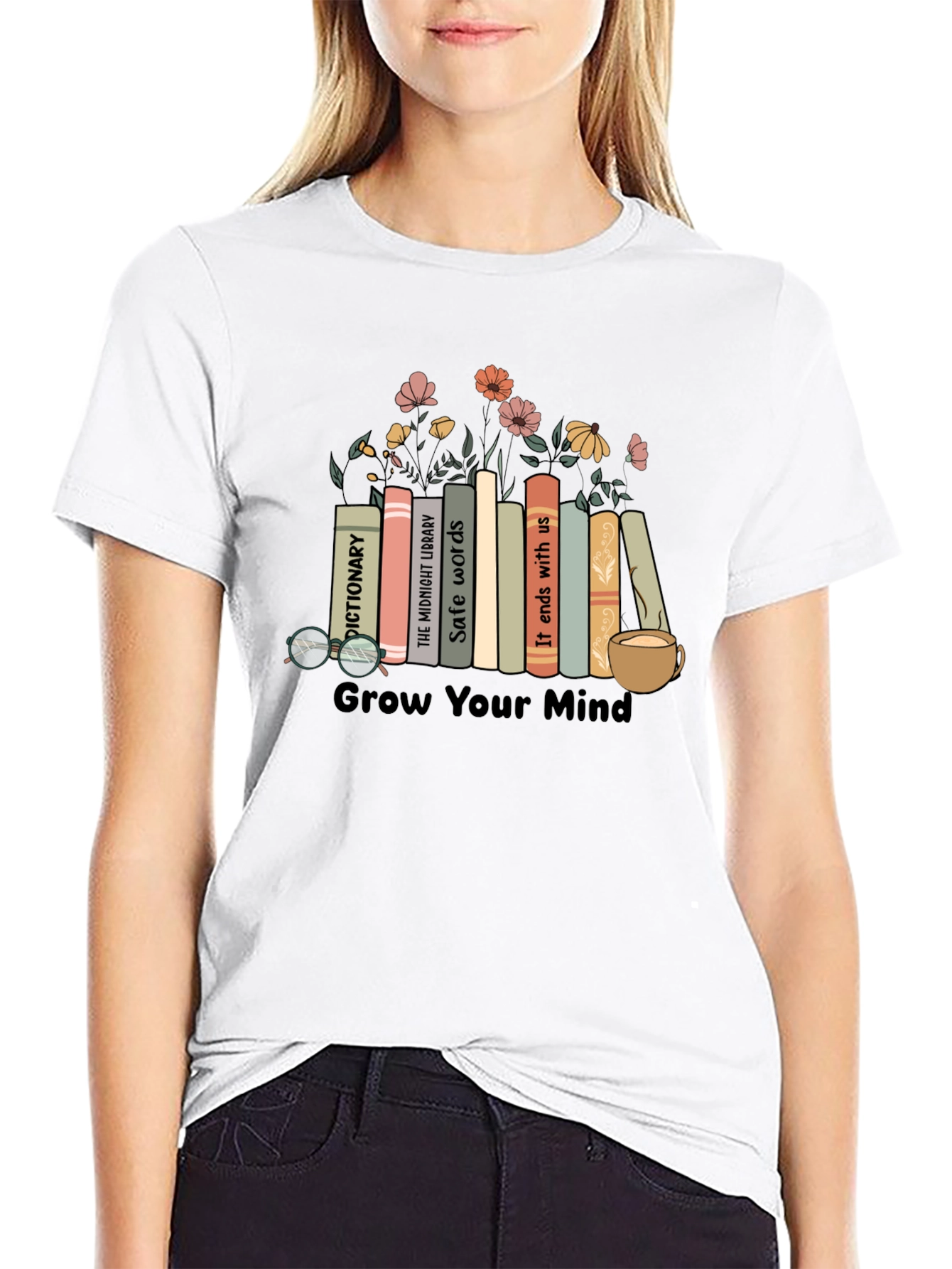 Black Grow Your Mind Bookshelf T-Shirt view 9