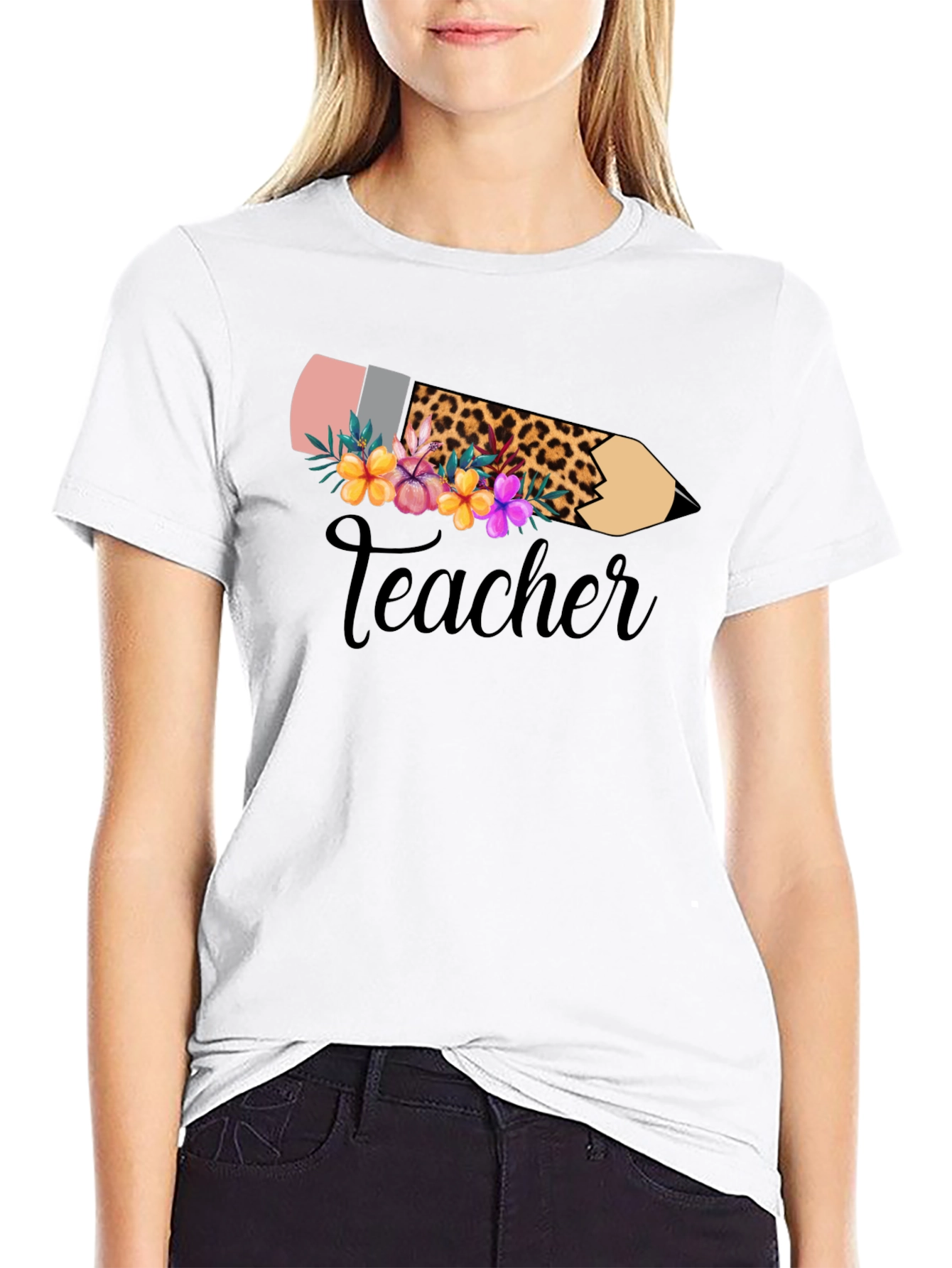 Black Floral Teacher Pencil Graphic Tee - Black view 9