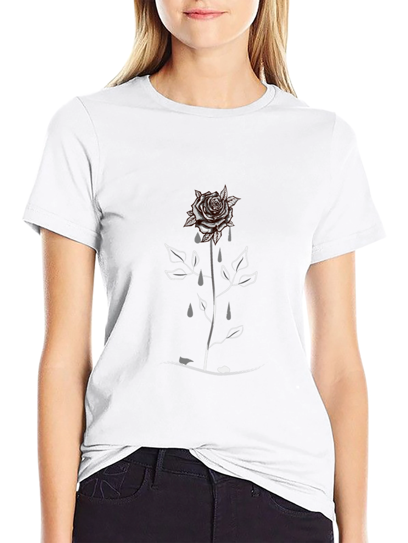 Black Men's Black T-Shirt with Rose Graphic view 9
