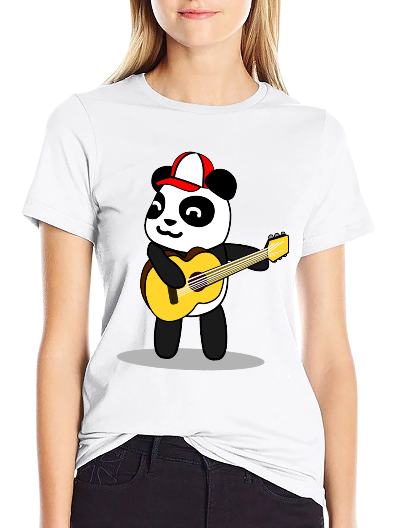 Black Cool Panda Guitarist Graphic Tee - Black Cotton T-Shirt view 9