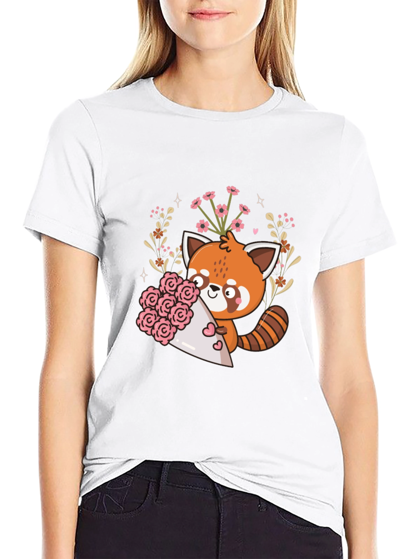 Black Cute Red Panda Floral Bouquet Graphic Tee view 9