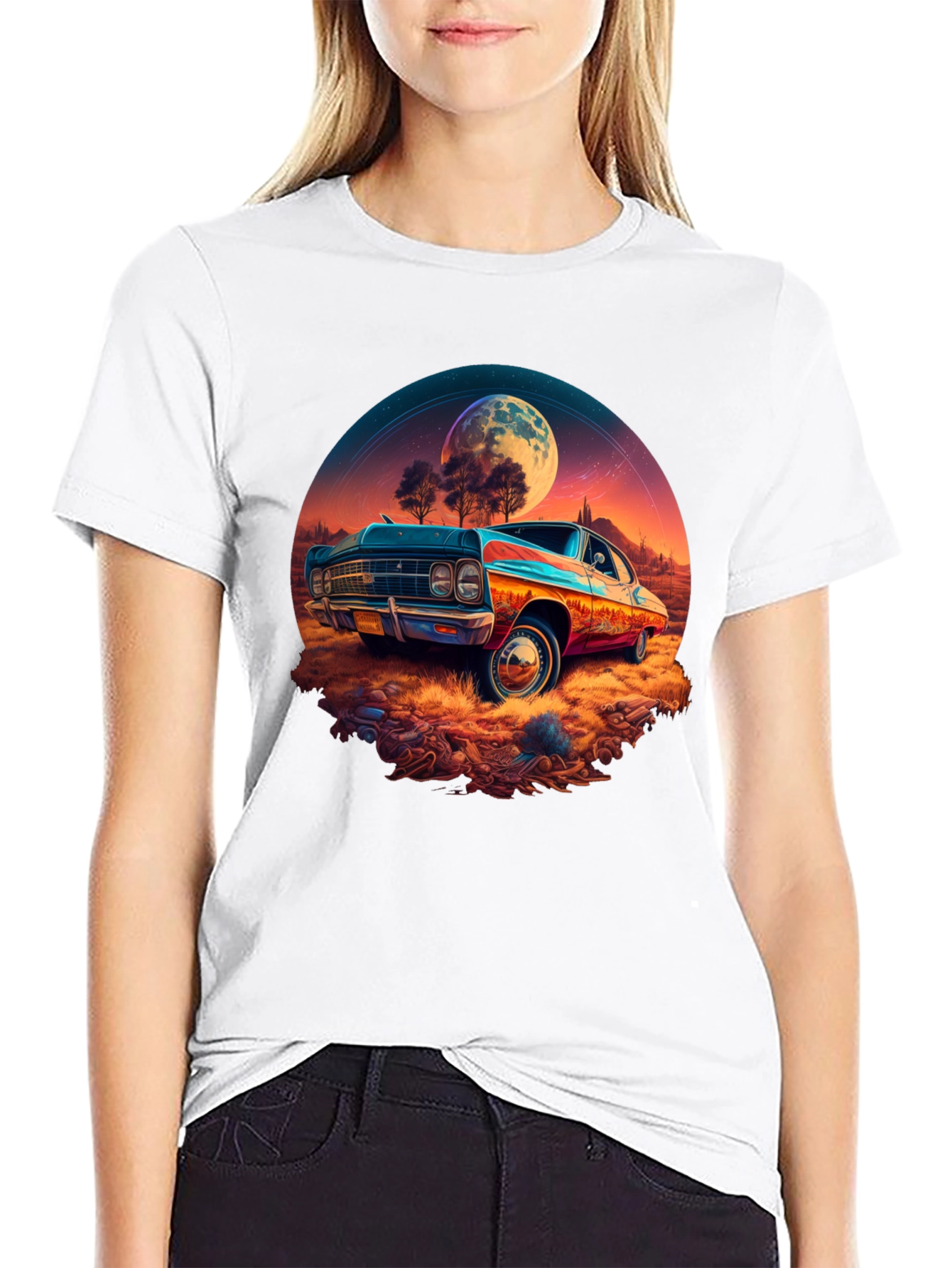 Black Vintage Car Moonscape Graphic Tee view 9