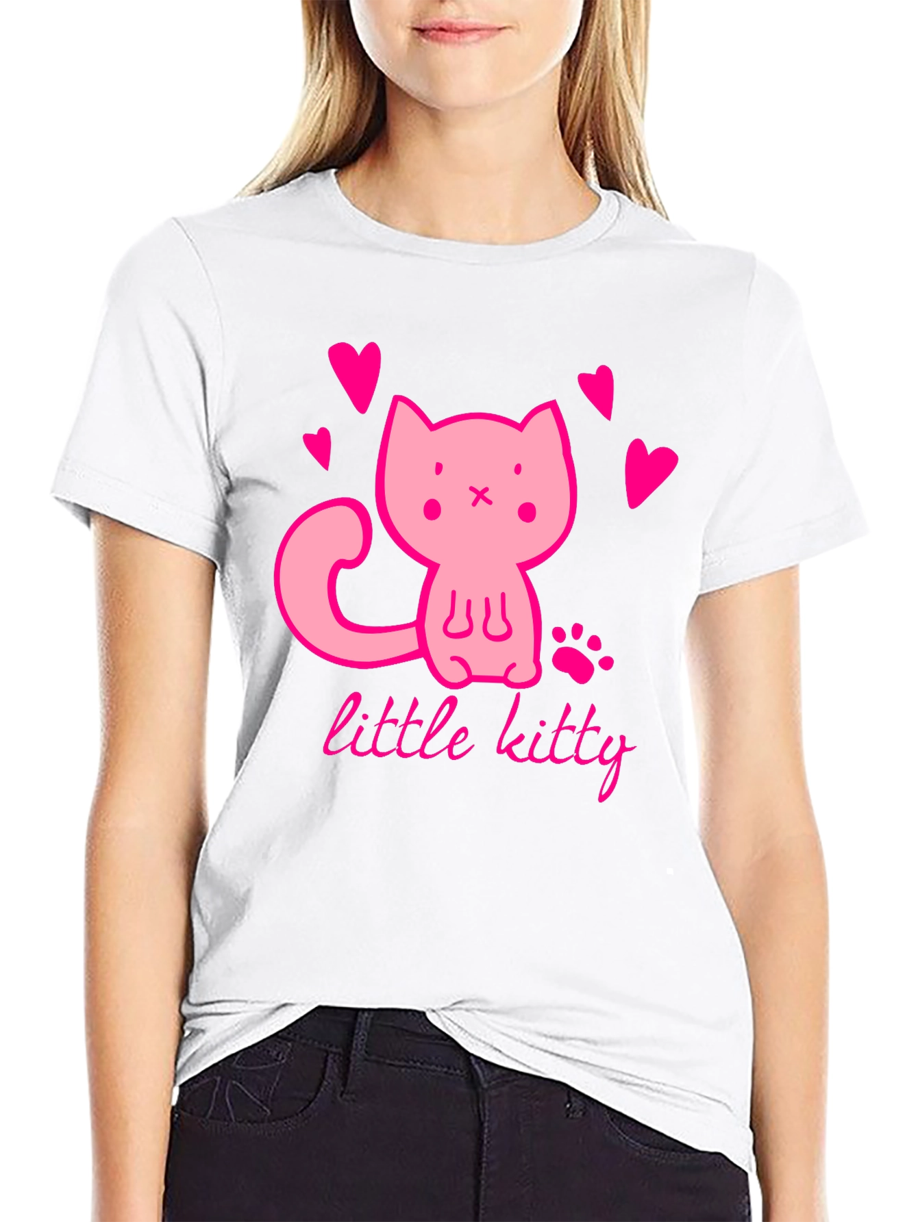 Black Cute Pink Kitten Black T-Shirt view 9