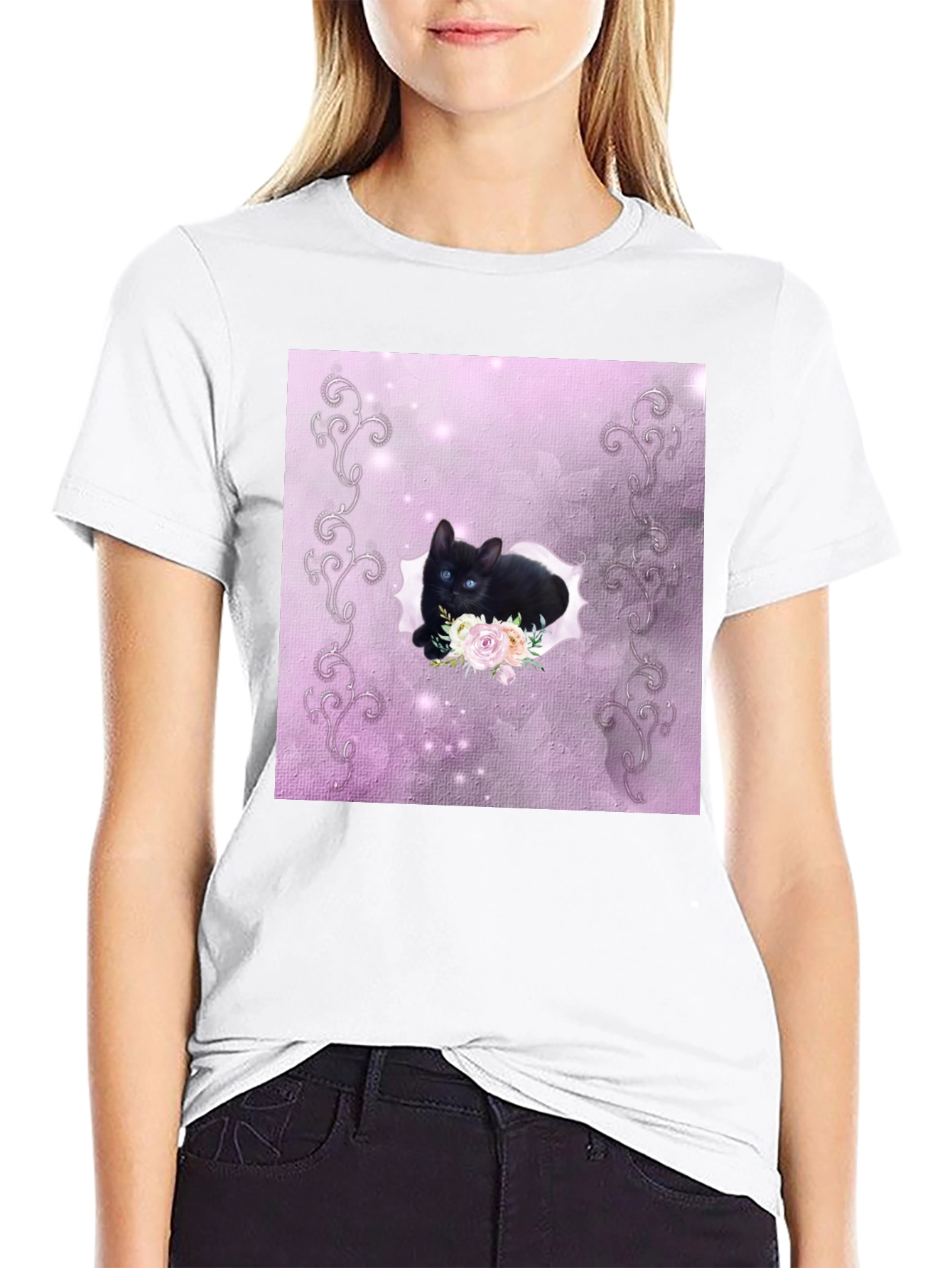 Black Black Kitten Floral T-Shirt view 9
