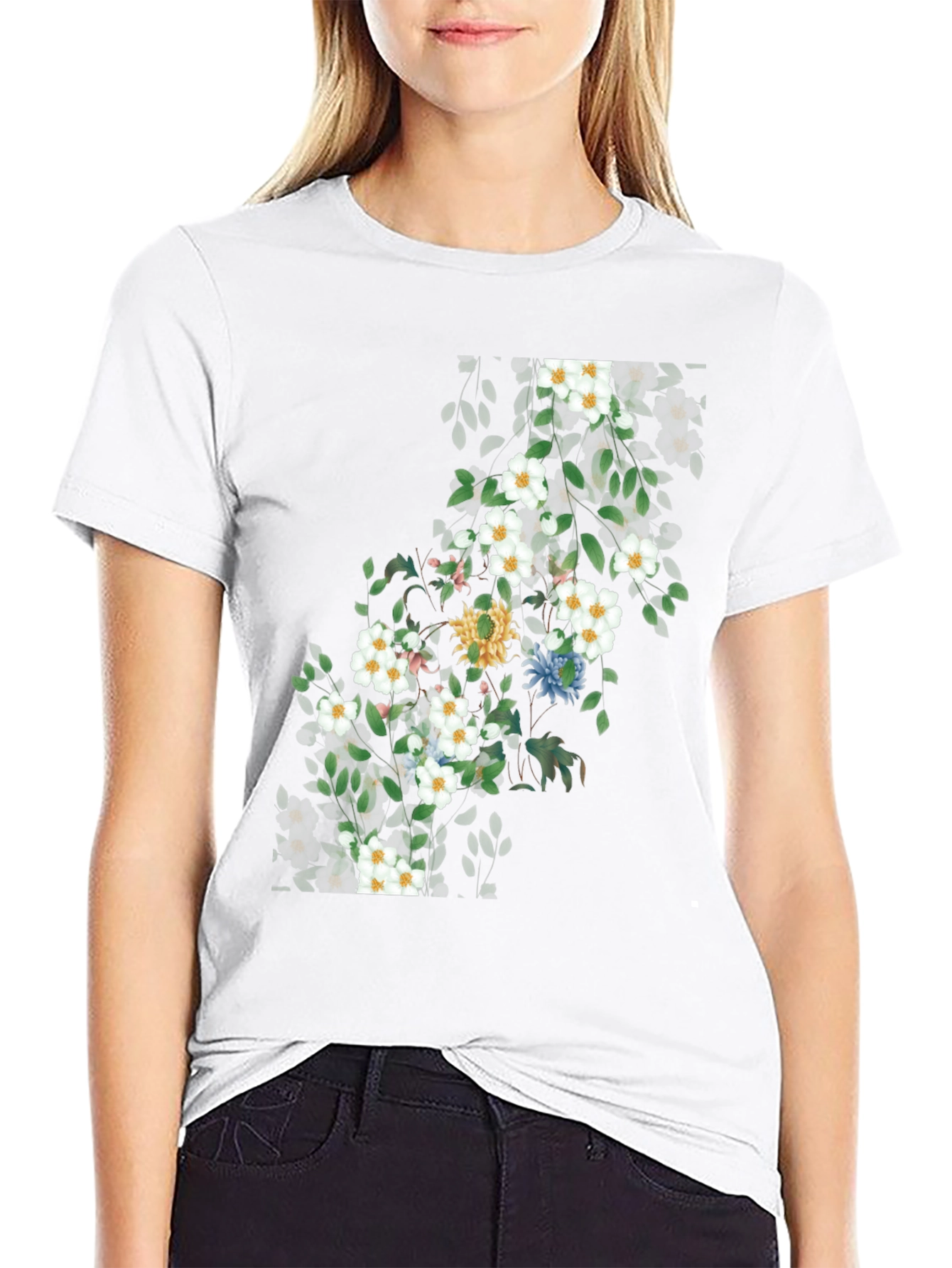 Black Floral Print T-Shirt - Nature Inspired Design view 9