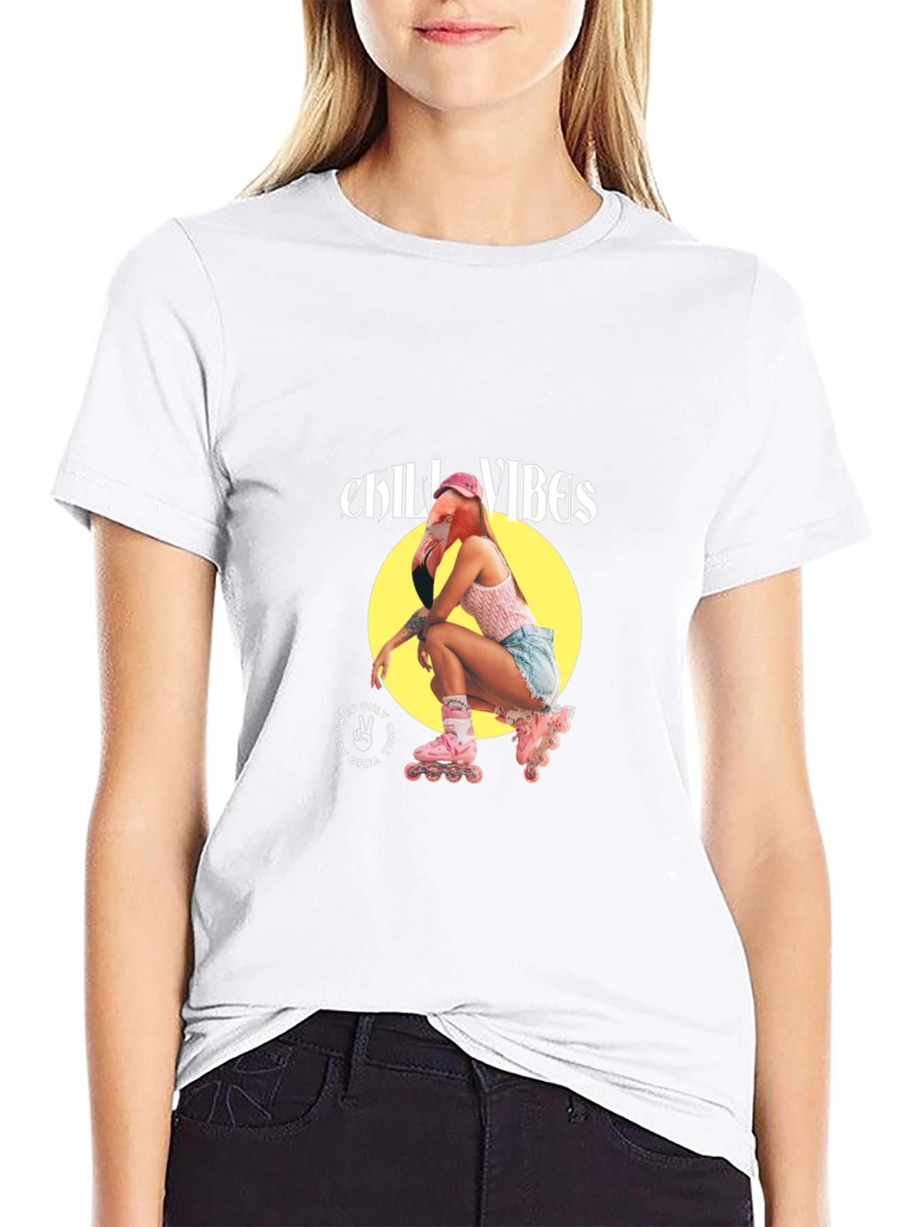 Chill Vibes Flamingo Roller Skate Graphic T-Shirt - 9
