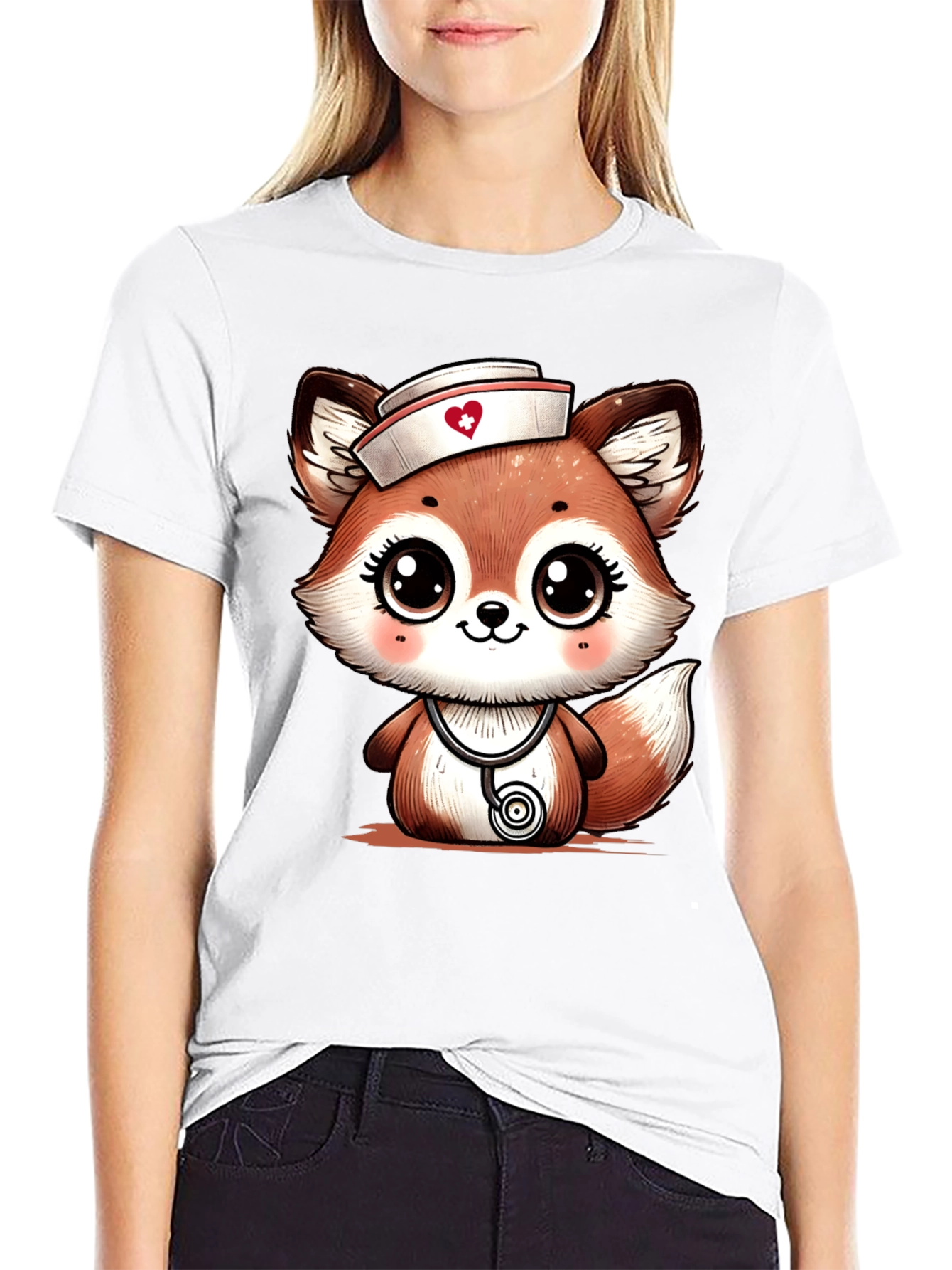 Black Cute Fox Nurse T-Shirt - Cartoon Animal Tee view 9