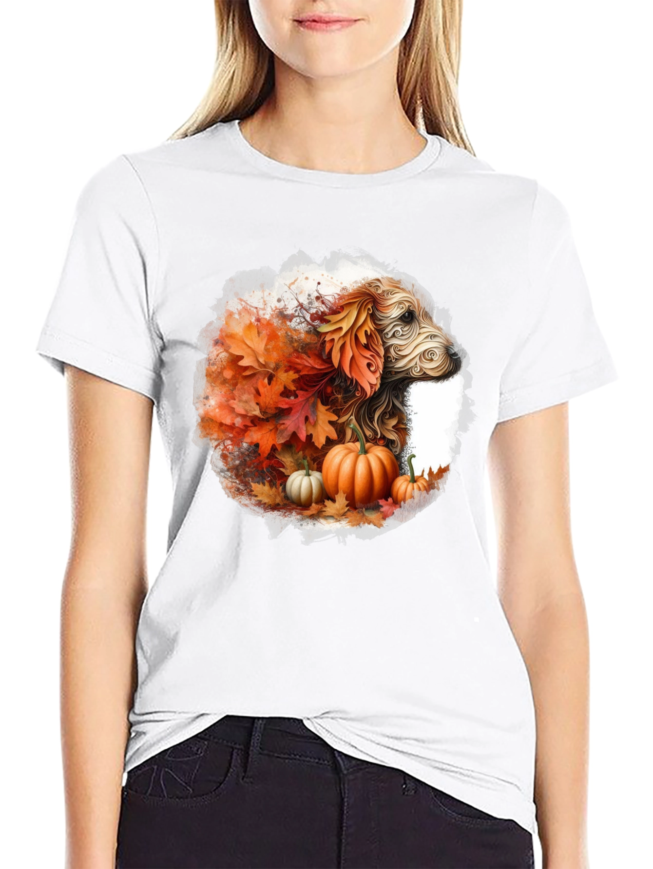 Black Fall Dog T-Shirt: Autumn Leaves & Pumpkin Design view 9