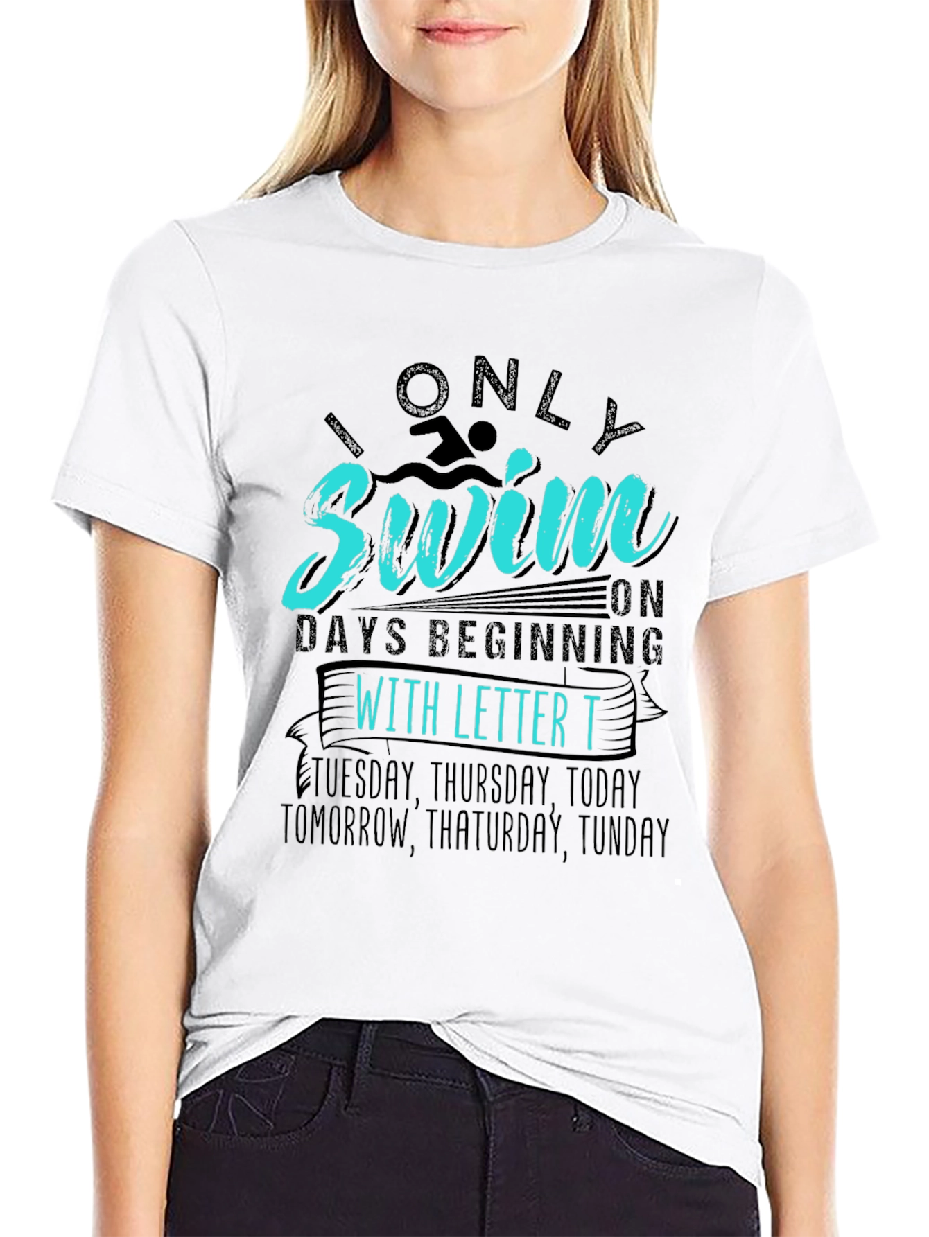 Black Funny Swimming T-Shirt - "Only Swim on Days Beginning With T" view 9