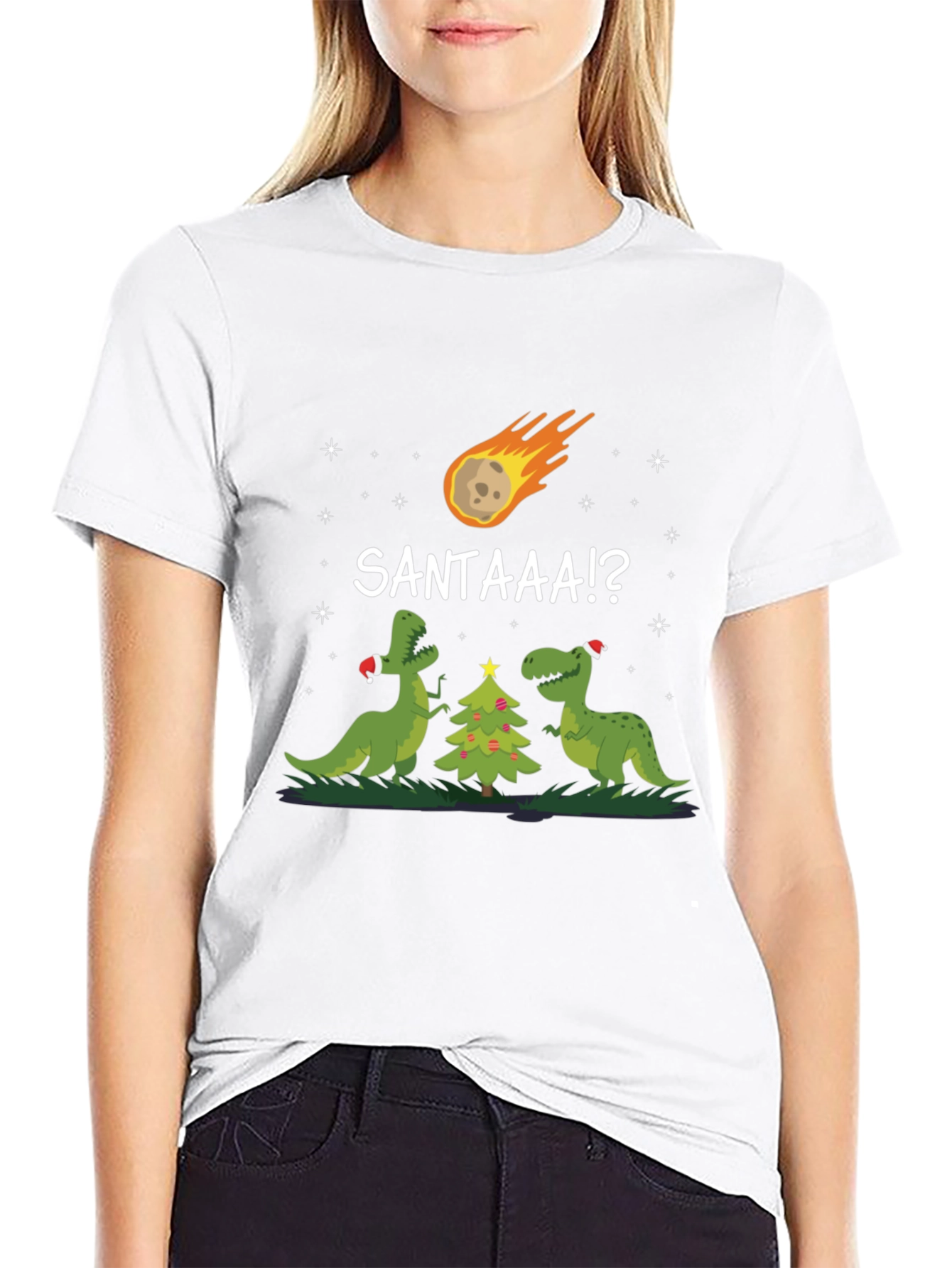 Black Dinosaur Christmas T-Shirt Santa Meteor Funny Tee view 9