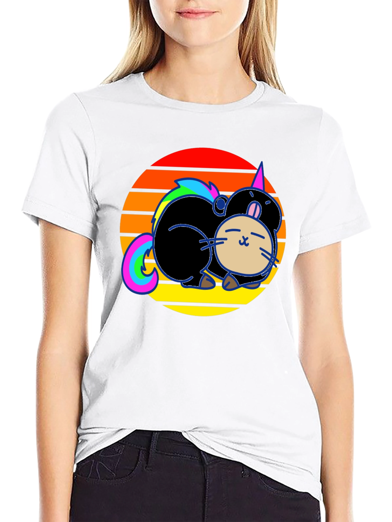 Black Cute Cartoon Unicorn Cat Sunset Graphic T-Shirt view 9
