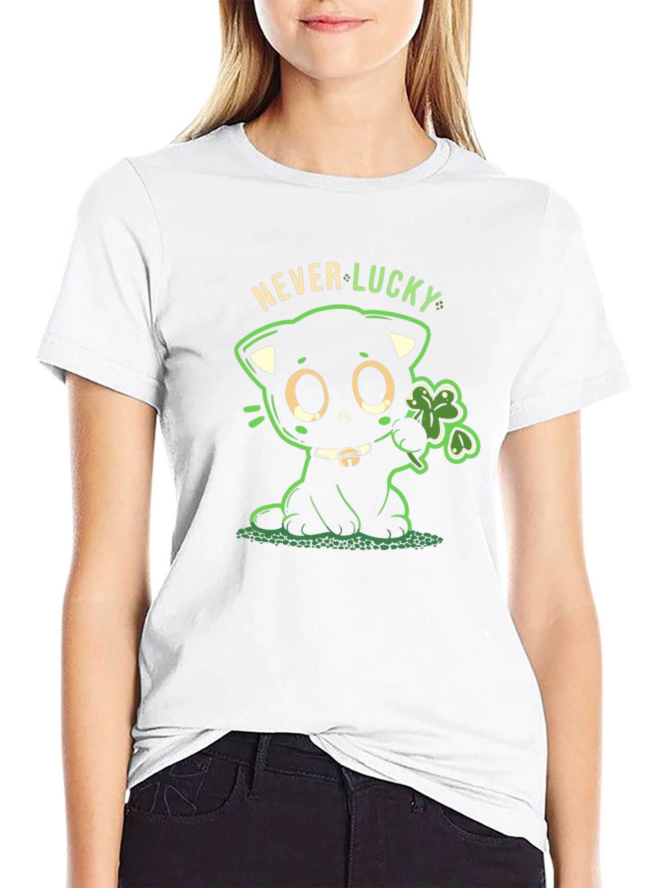 Black Never Lucky Black Cat St. Patrick's Day T-Shirt view 9