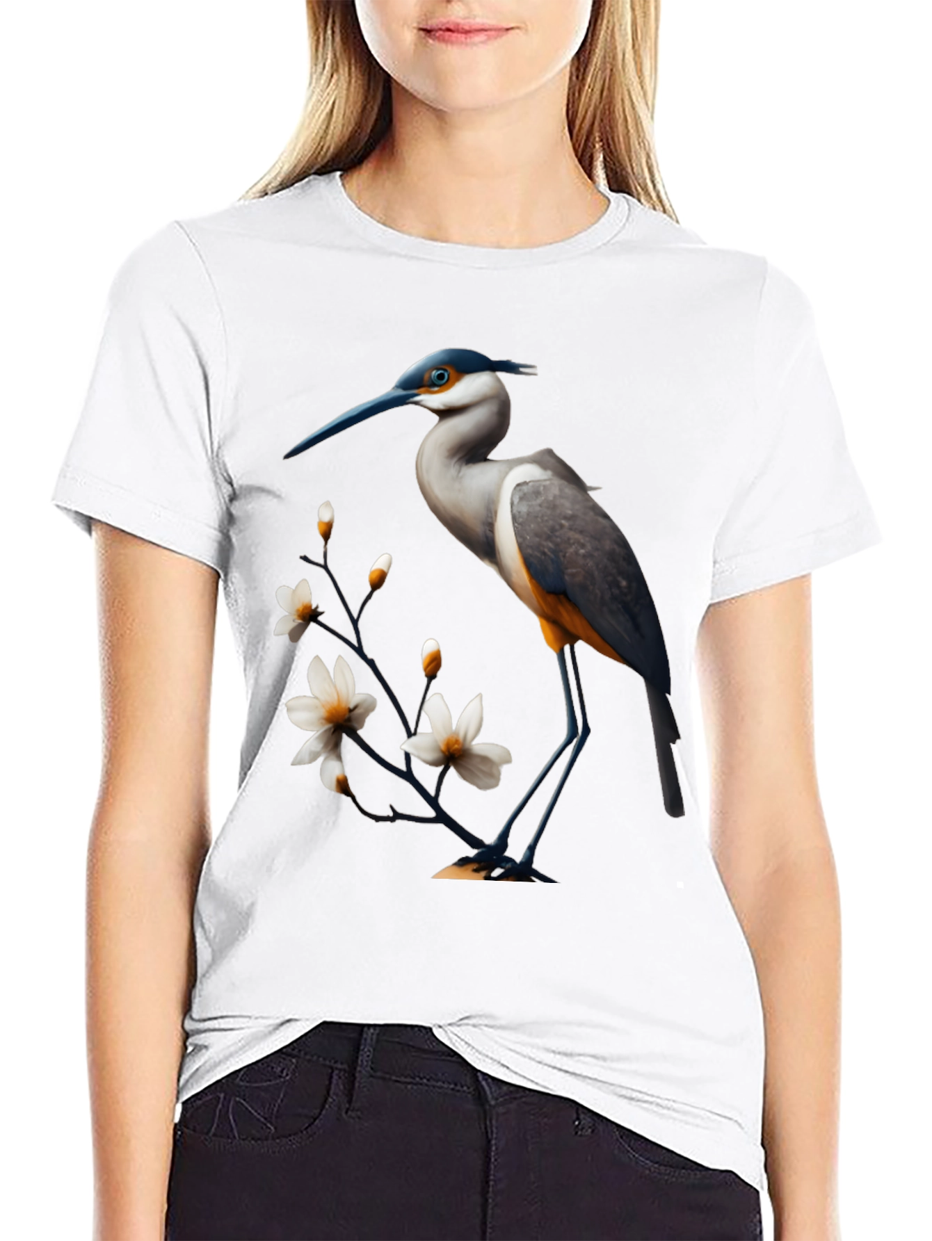 Black Heron & Blossom Graphic Tee - Stylish Bird Design view 9