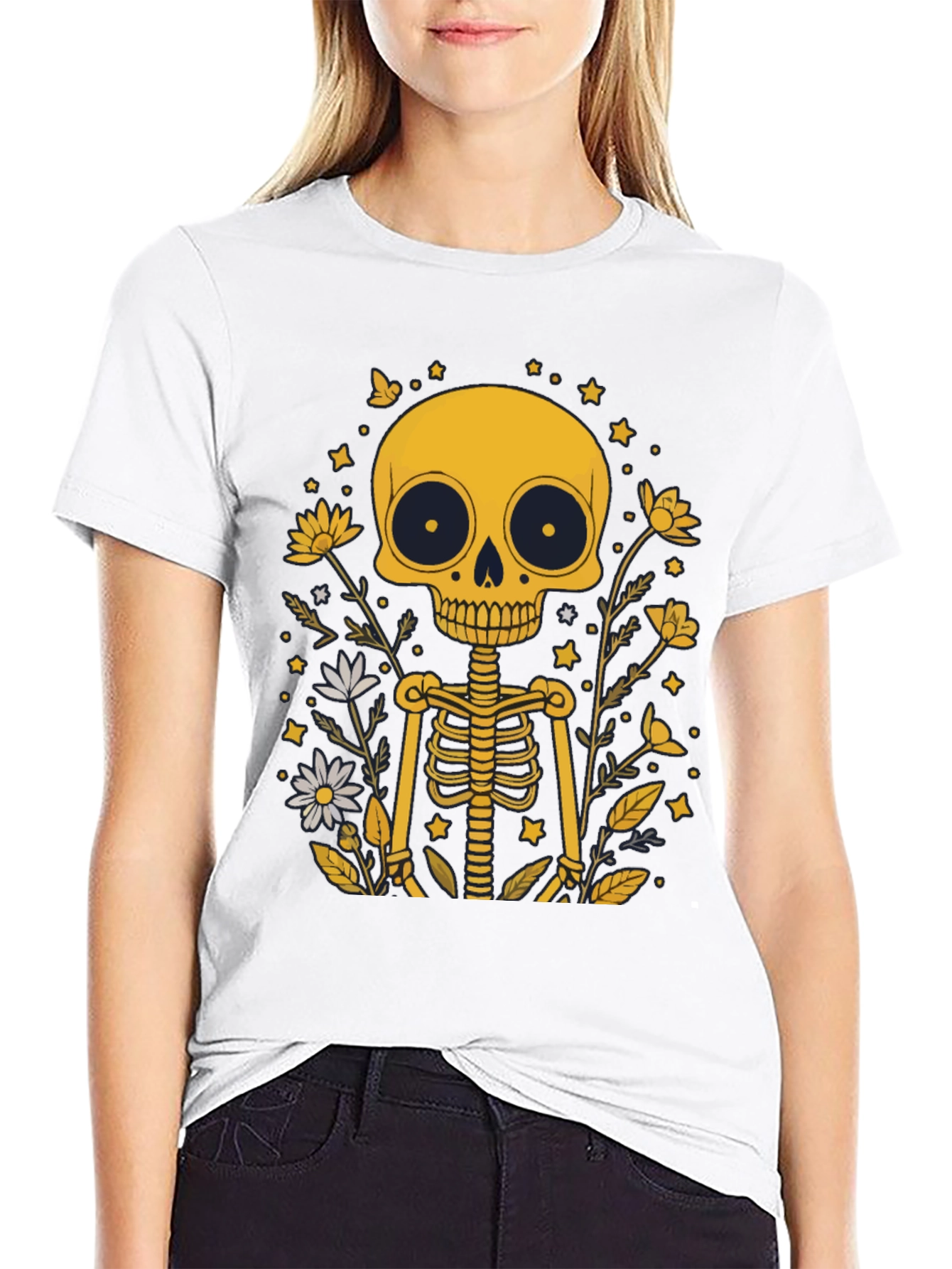 Black Skeleton Floral Graphic Tee - Black Unisex T-Shirt view 9