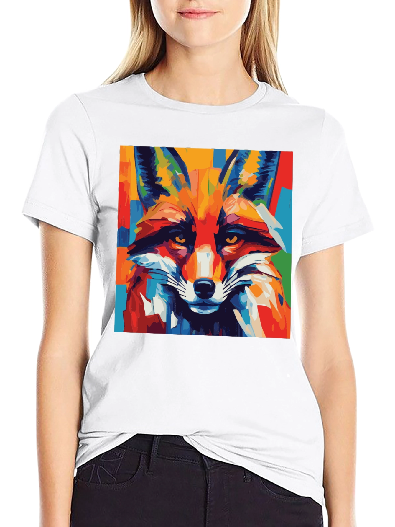 Black Abstract Fox Graphic Tee - Bold Animal Print Shirt view 9
