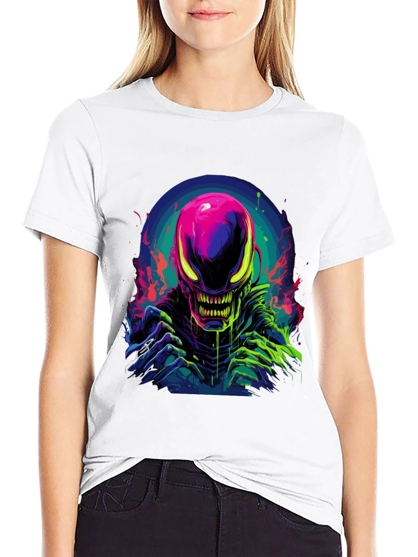 Black Neon Alien Graphic Black T-Shirt view 9