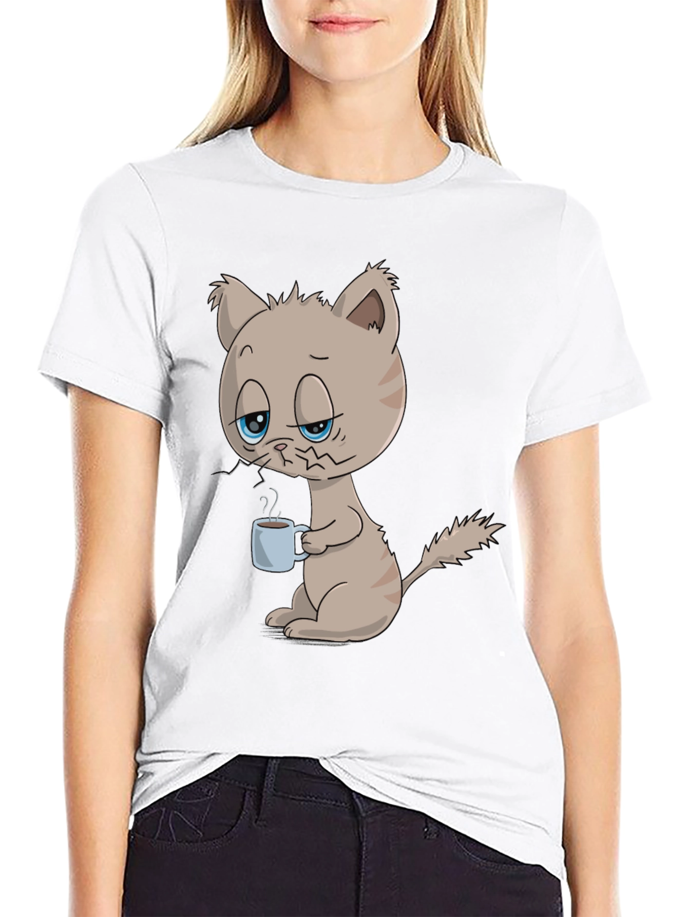 Black Funny Cat with Coffee Graphic T-Shirt - Unisex view 9