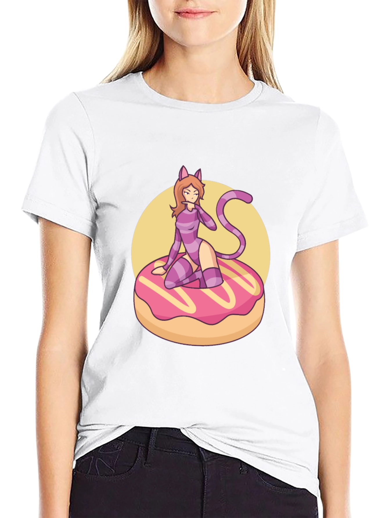 Black Black T-Shirt with Cat Girl on Donut Design view 9