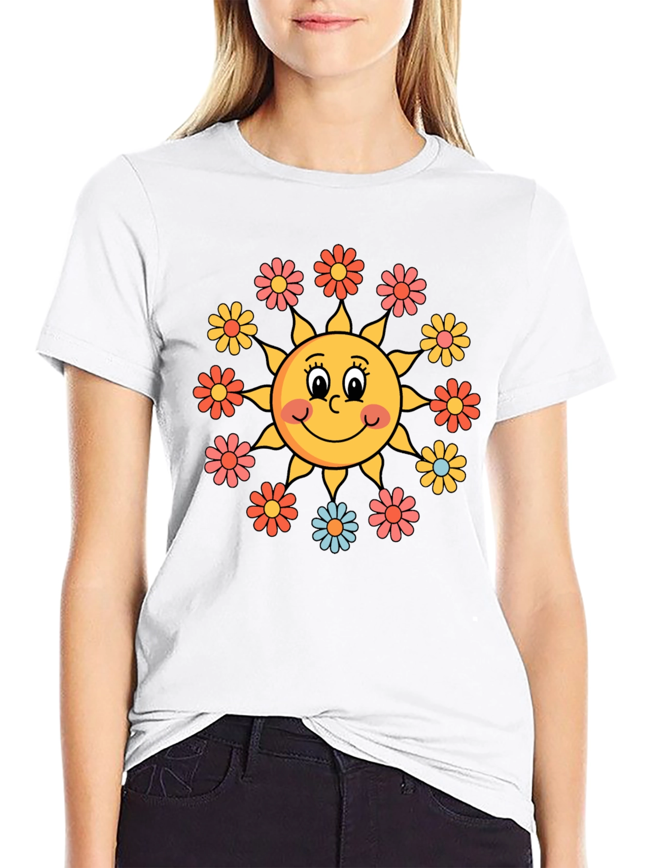 Black Retro Sun & Floral Graphic Tee - Groovy Vibes view 9
