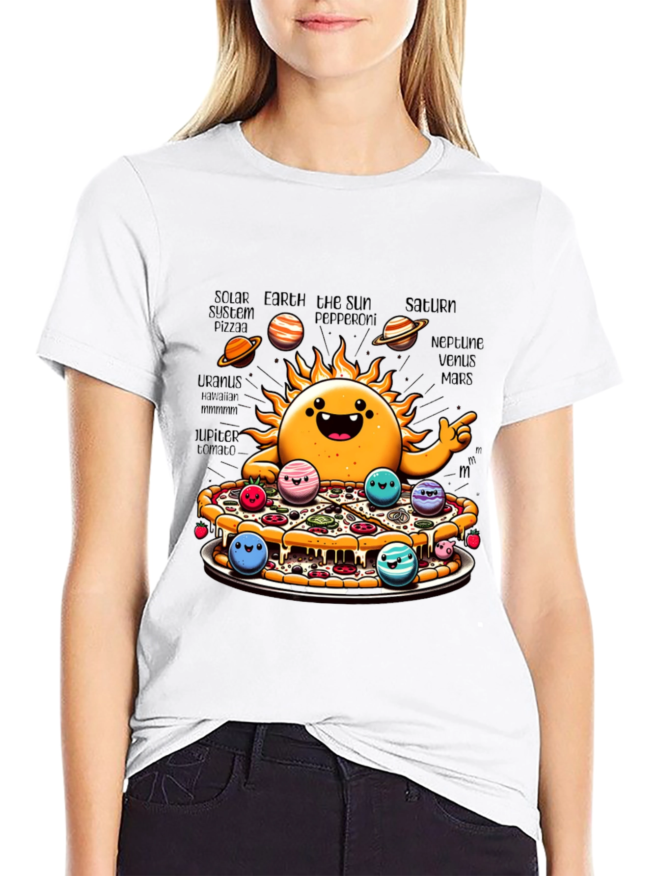 Black Solar System Pizza Funny Graphic Tee view 9