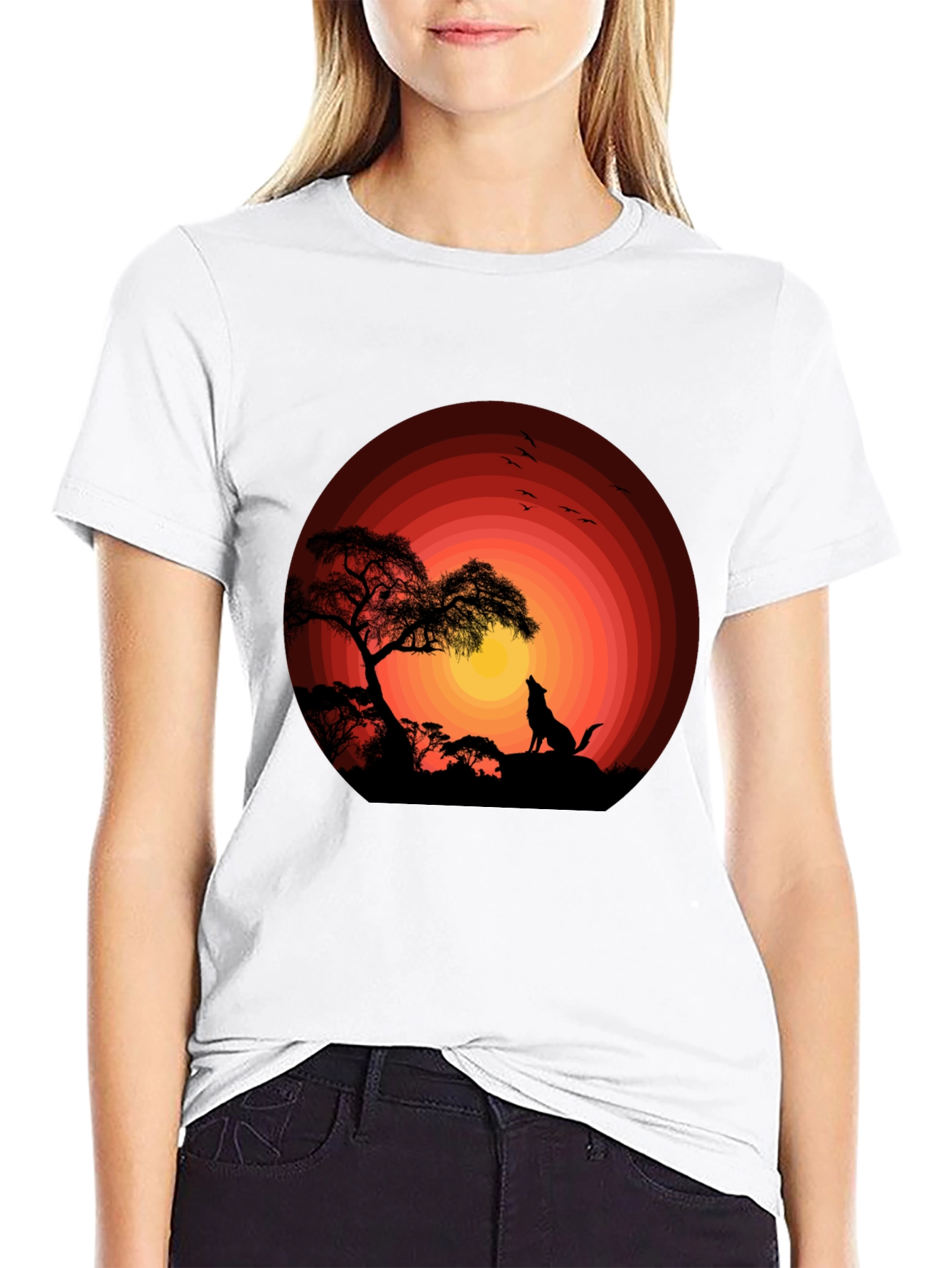 Black Wolf Sunset Graphic Tee - Black Cotton T-Shirt view 9