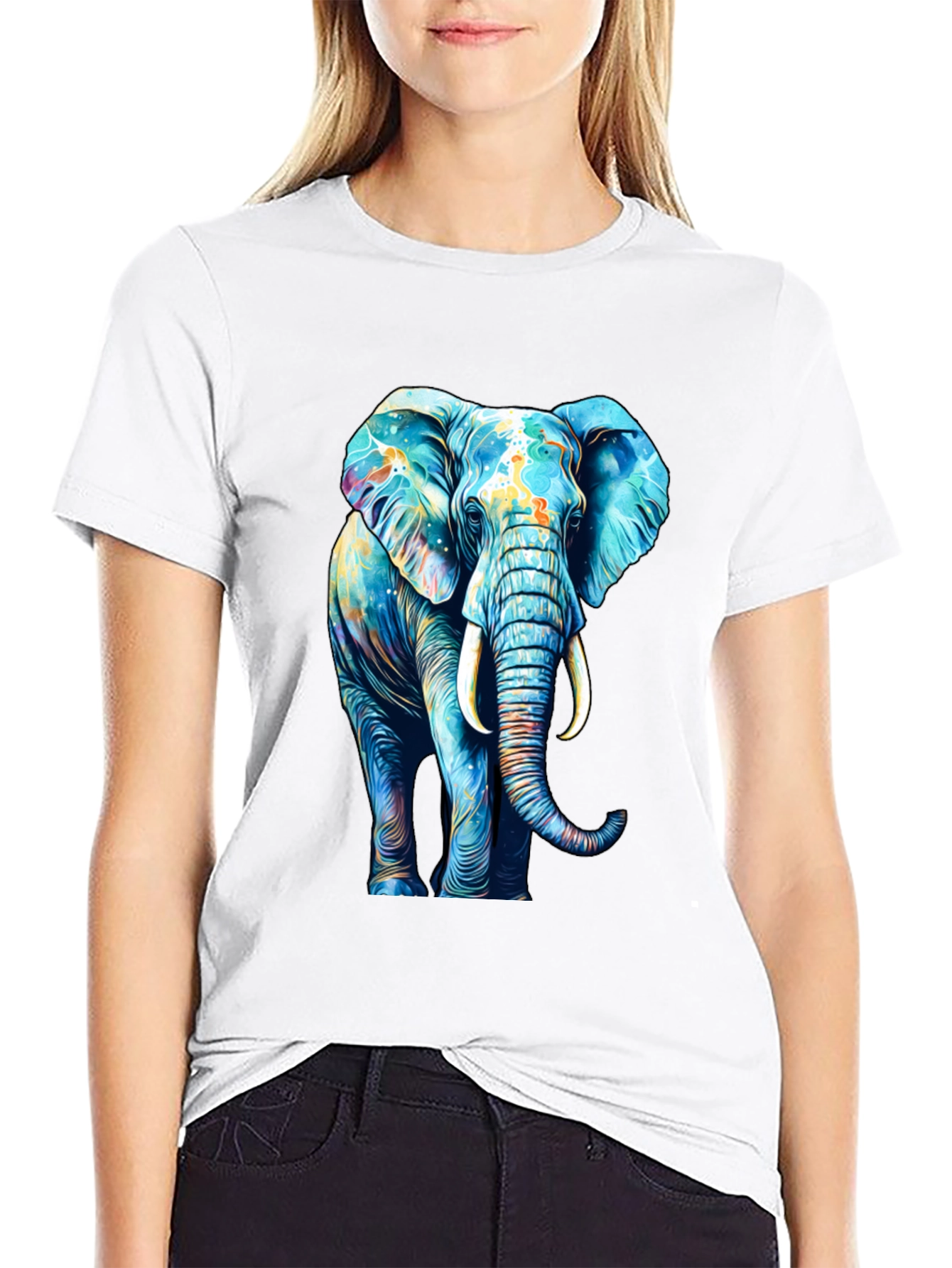 Black Vibrant Elephant Graphic Print Black T-Shirt view 9